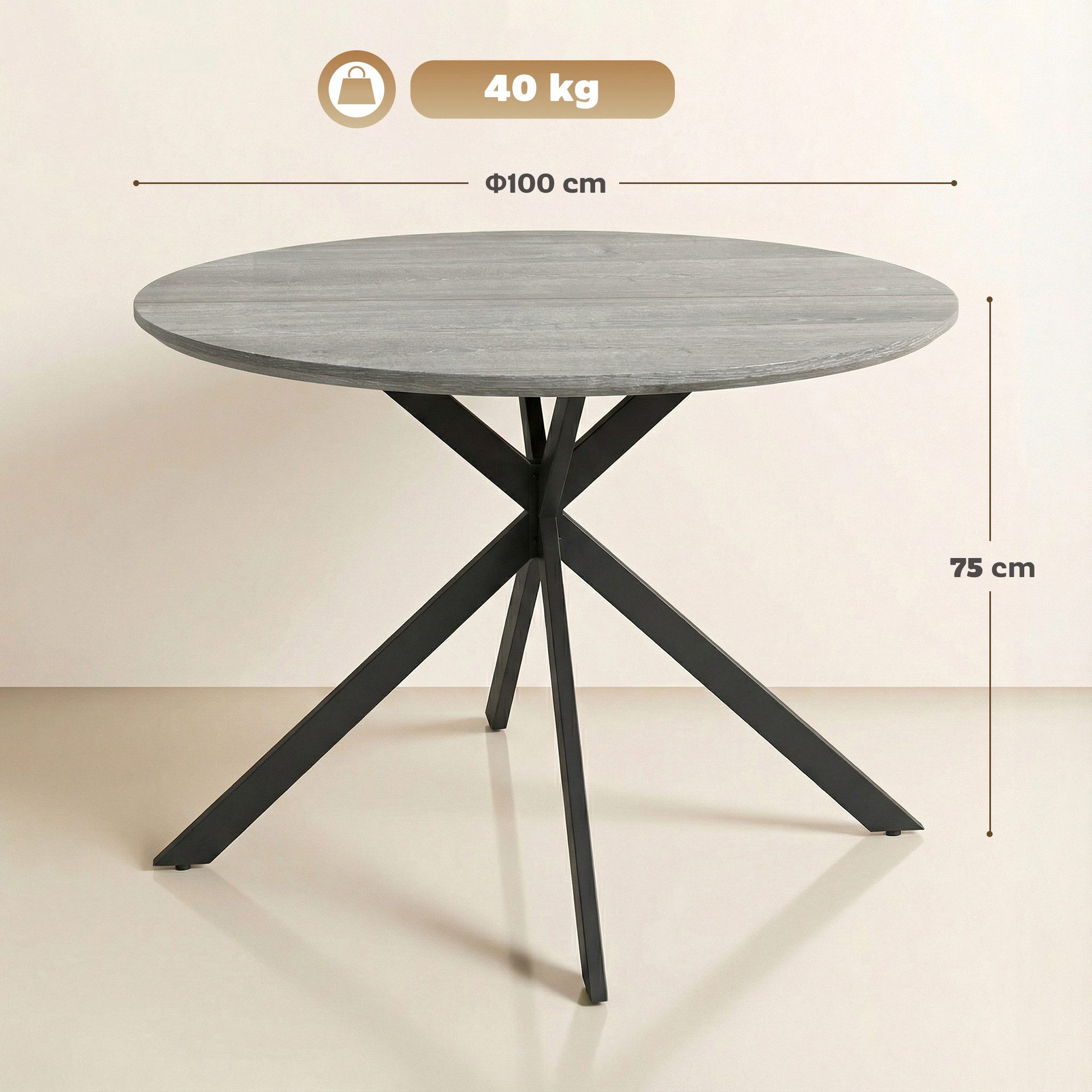 HOMCOM Esstisch Küchentisch im Industriestil mit Stahlbeinen für 4 Personen (für Esszimmer, Küche, Wohnzimmer, 1-St., rund, 100 x 100 x 75 cm), Grau – Bild 3 von 5