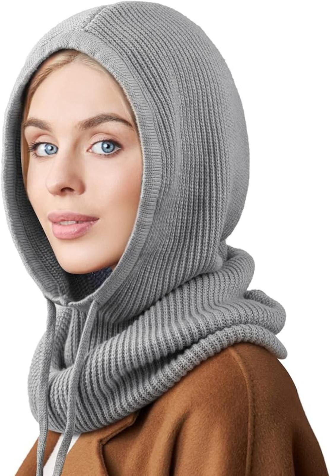 Oemmn Strickmütze Mütze Damen Winter, Strickmützen Warme Kapuzen Schal