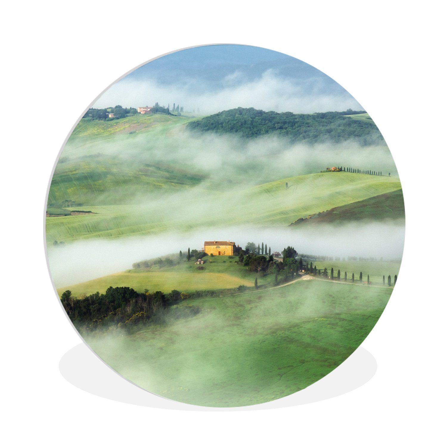 MuchoWow Gemälde Berg - Nebel - Landschaft - Toskana, (1 St), Kreis Wanddekoration Forex, Rundes Wandbild, Wohnzimmer, 30x30 cm