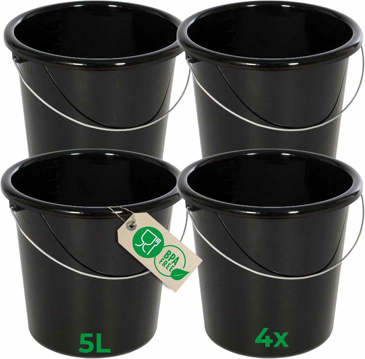 Novaliv Putzeimer 30939-4x, (4-tlg), Novaliv 4 Stück Eimer 5L Schwarz mit Maßeinteilung - Putzeimer 5 Liter