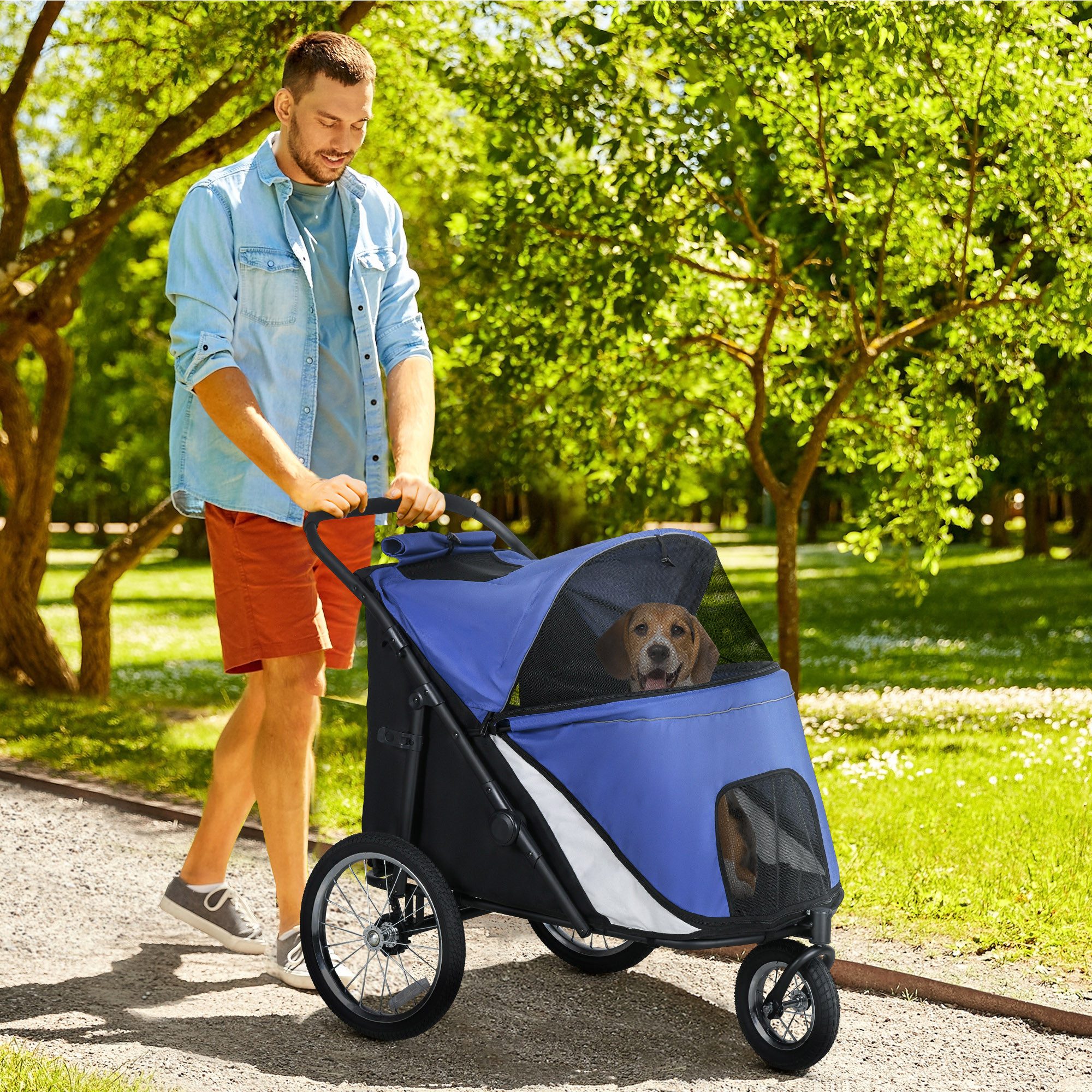 PawHut Hundebuggy Hundewagen Katzenwagen mit Netzfenstern, mit Sicherheitsleine, (1-tlg), für mittelgroße bis große Hunde, Blau