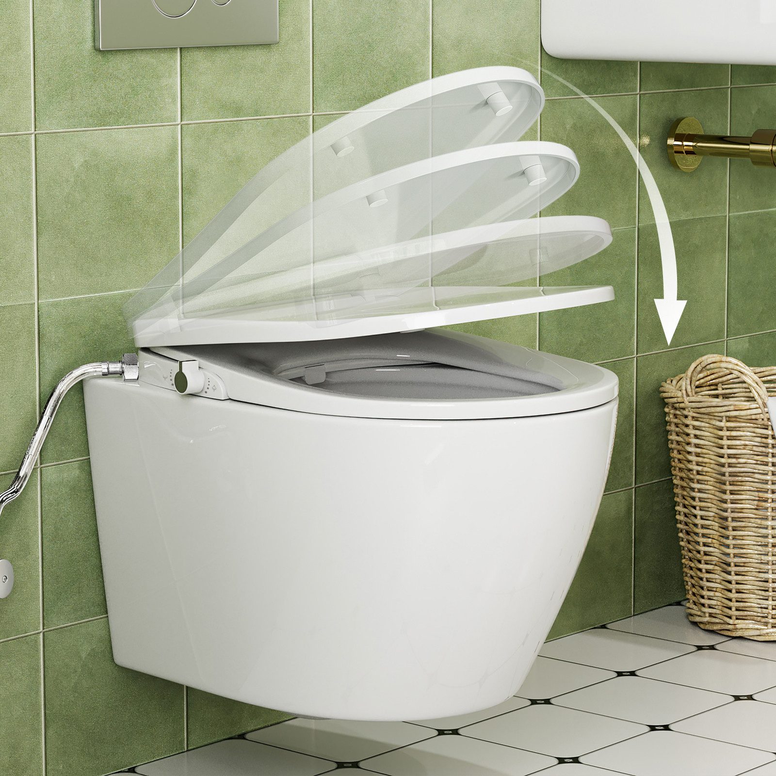 HOROW Dusch-WC-Sitz Toilettendeckel mit Bidet,  Bidet Einsatz (WC-Sitz), Absenkautomatik, Duroplast, zurReinigung abnehmbar