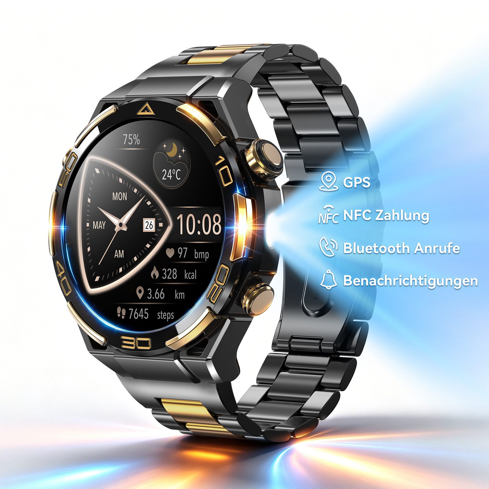blackview W90 Pro 14K Gold, GPS, AMOLED, KI-Assistent, Business Herren Watch, 1.43", 900mAh, NFC, LED, Bluetooth, IP68