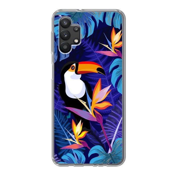MuchoWow Handyhülle Dschungel - Tukan - Blumen - Pflanzen - Kinder - Lila - Tiere Handyhülle Samsung Galaxy A32 5G Smartphone-Bumper Print Handy