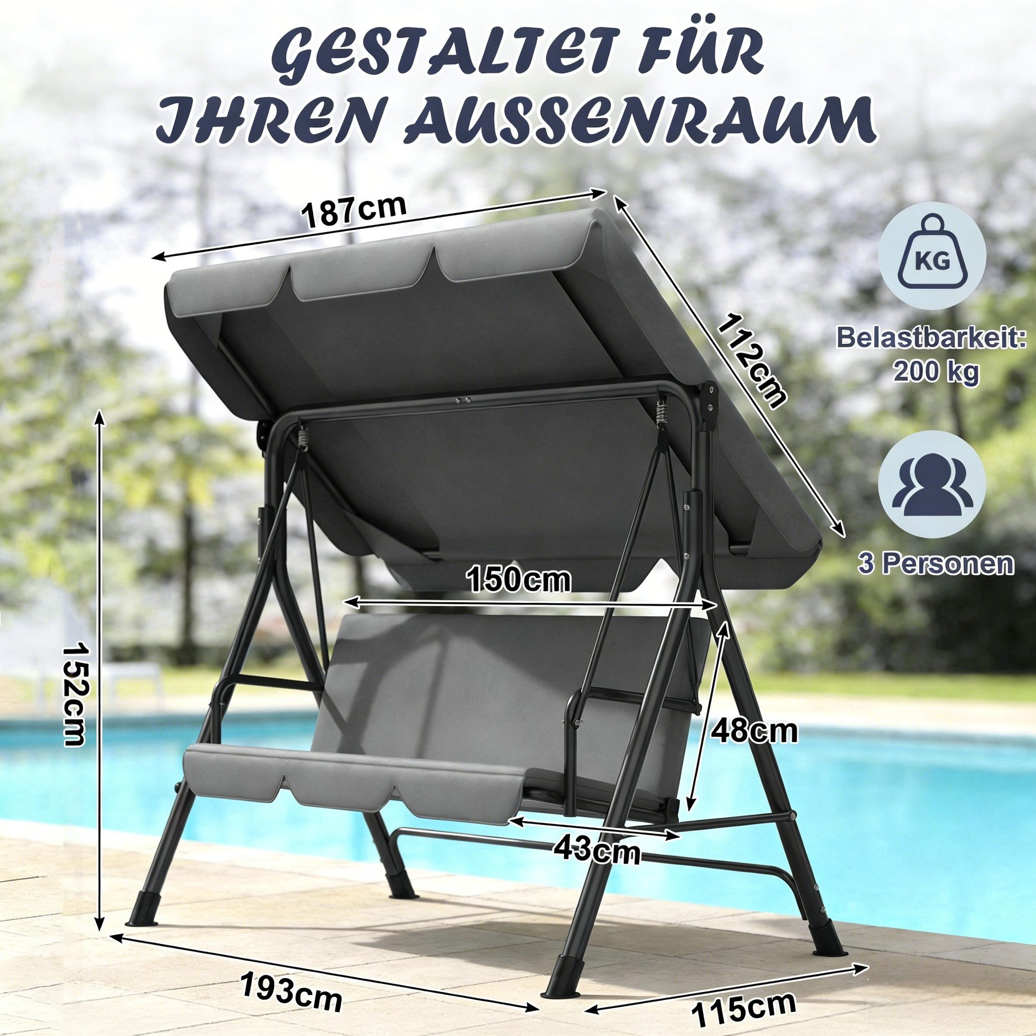 Huracan Hollywoodschaukel Schaukelbank mit Verstellbarem Sonnendach, 3-Sitzer, 193*110*152cm, bis 200 kg Tragfähigkeit, Ideal für Garten & Balkon