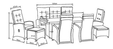 KONIFERA Garten-Essgruppe Monaco, (Set, 24-tlg., 4x Sessel, 1x 3er Sofa, 2x Hocker, 1x Tisch 200x100x75cm), Polyrattan, Aluminium, mit verstellbaren Rückenlehnen, inkl. Auflagen