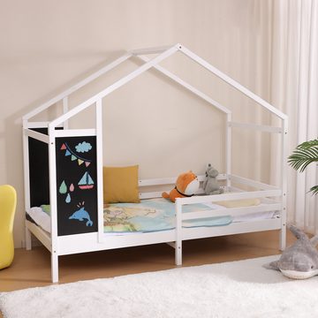 JINPALAY Kinderbett Hausbett aus Kiefer mit Rausfallschutz und Tafel 90 X 190 cm