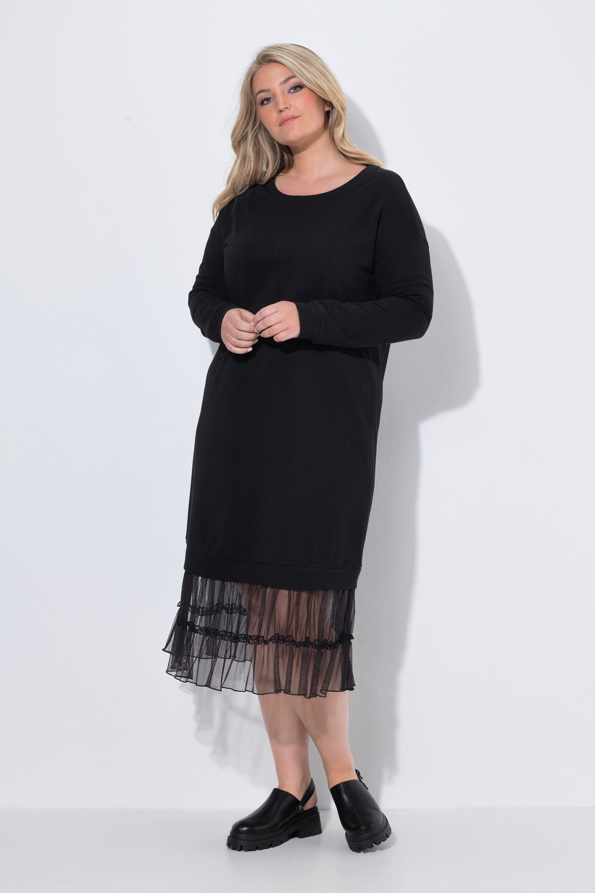 MIAMODA Midikleid Midi-Sweatkleid oversized Mesh-Volants am Saum