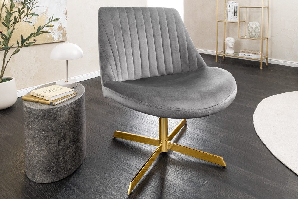 riess-ambiente Drehsessel LOUNGER grau / gold - Samt, Metallgestell, 360° drehbar, rund (Einzelartikel, 1-St), Lesesessel mit Ziernähten - ideal für Arbeits-, Wohnzimmer & Ankleide