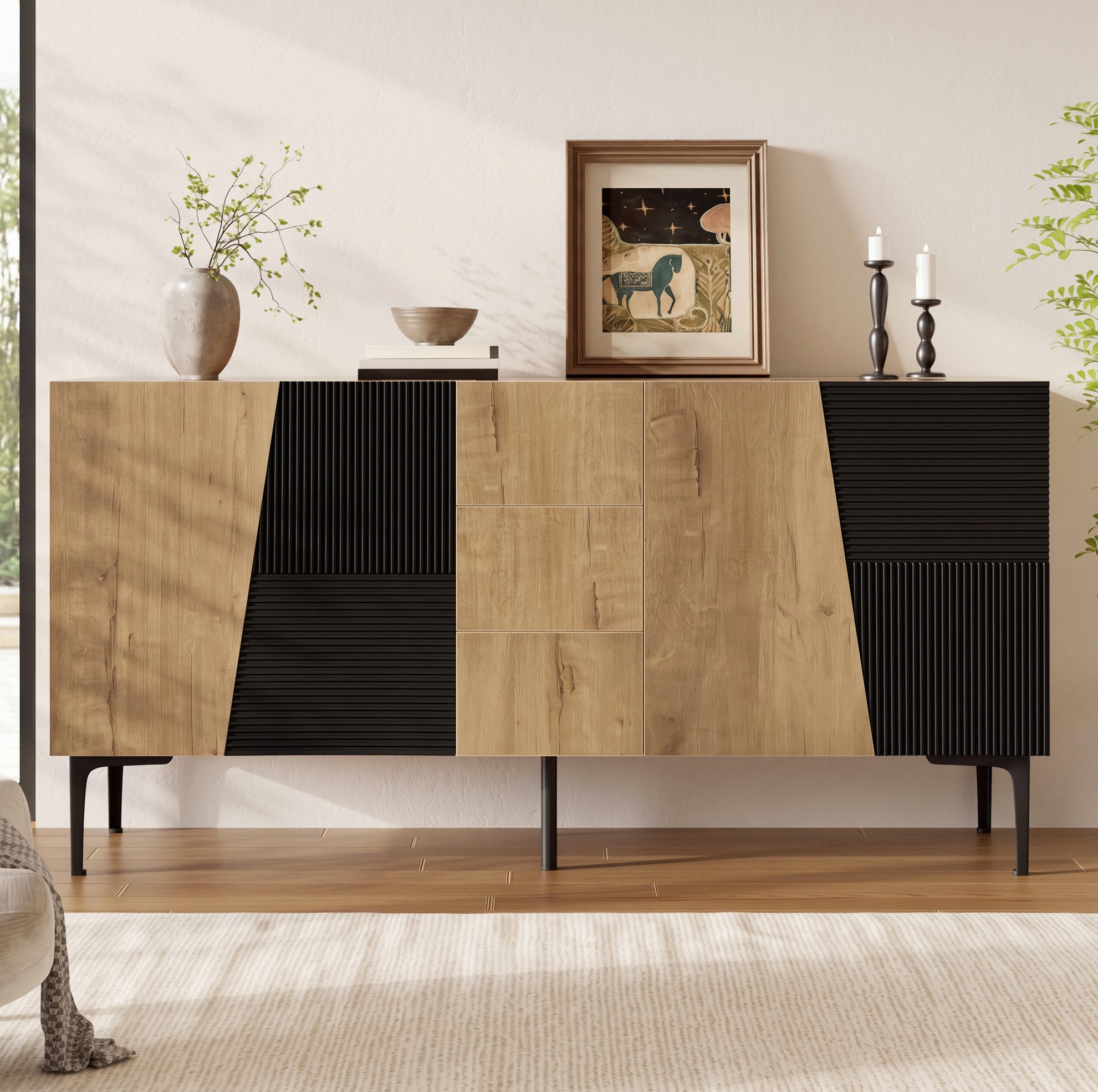 REDOM Sideboard Aufbewahrungsschrank mit viel Stauraum und flexibler Einteilung (Packung, 1 St., 3 Schubladen, stabil, praktisch), Natur+Schwarz, 160x40x80 cm, 4 Türen