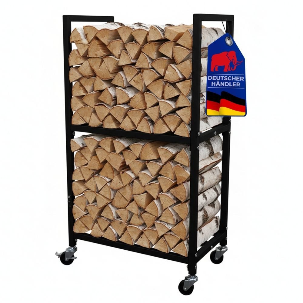 PROREGAL® Kaminholzregal PHOENIX mit Rollen & 2 Ebenen 82x44x28cm Metall Schwarz Holzständer, Holzständer Holzhalter Kaminholzständer Brennholzregal