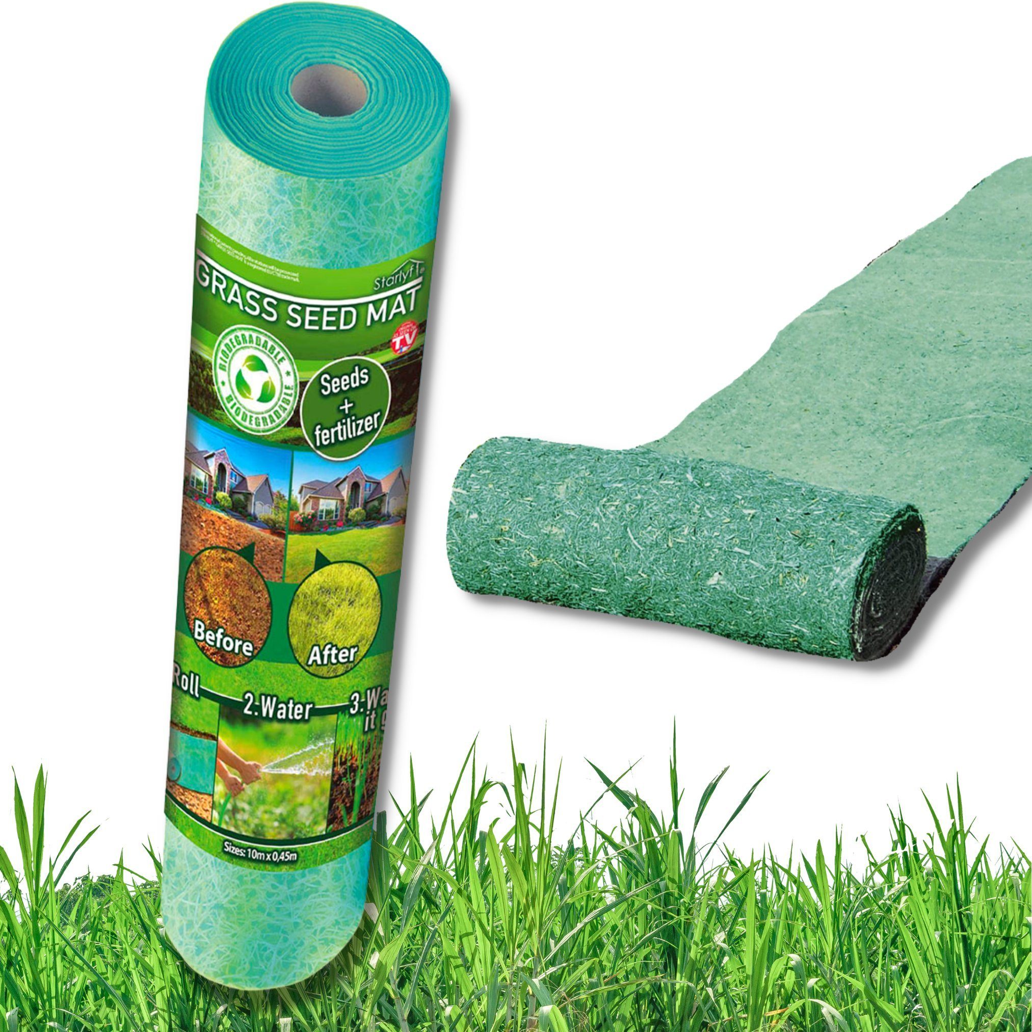 Starlyf Blumenerde Grass Seed Mat Matte, (Spar Set, 1-St., 1er oder 2er Pack), Grassamenmatte, Rasenrolle, Rasenvlies, 10m x 0,45m - 4,5 m²