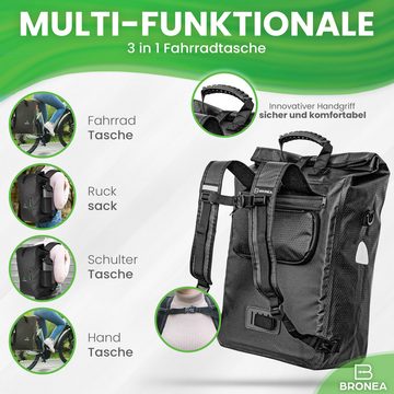 Bronea Fahrradtasche 3-in-1 Wasserdicht - 28L - SCHWARZ - Kombi Rucksack & Umhängetasche (Schnellmontage an Gepäckträger, integrierte Laptoptasche), Diamond-Struktur Laptoptasche 100% Wasserdicht Reflektierende Elemente