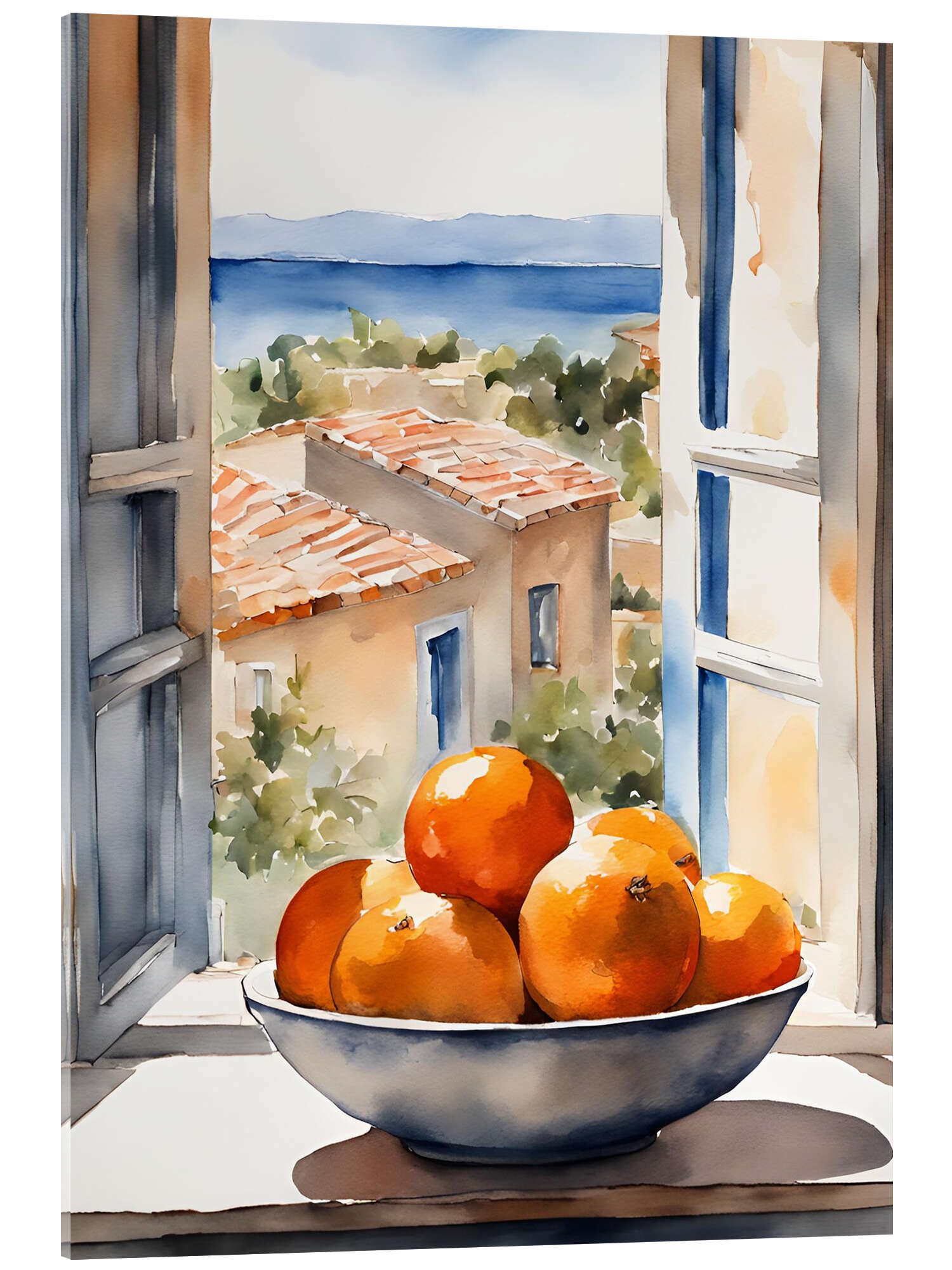 Posterlounge Acrylglasbild Ohkimiko, Orangen in Schale mit mediterraner Aussicht, Mediterran Malerei