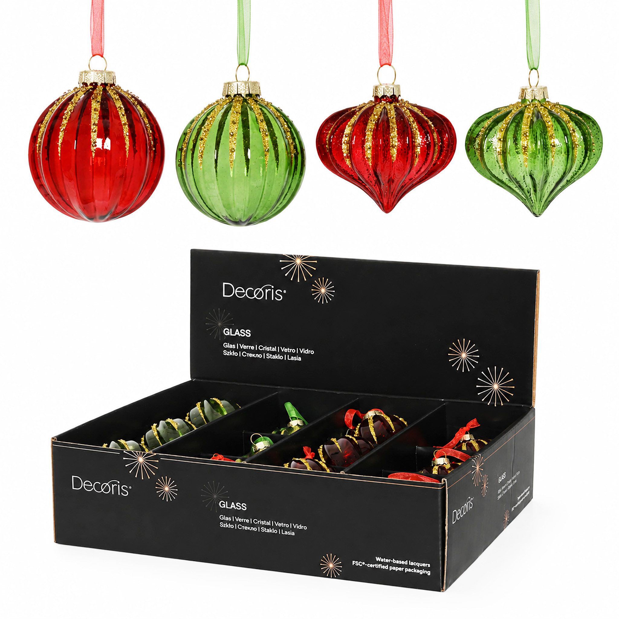Kaemingk Weihnachtsbaumkugel, Weihnachtskugeln Glas 8cm geriffelter Form 12er Set Grün Rot Mix