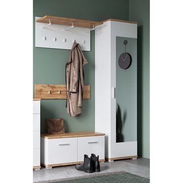 Lomadox Garderobenschrank HUESCA-129 mit Spiegeltür und ausziehbarer Kleiderstange, weiß Hochglanz + Eiche