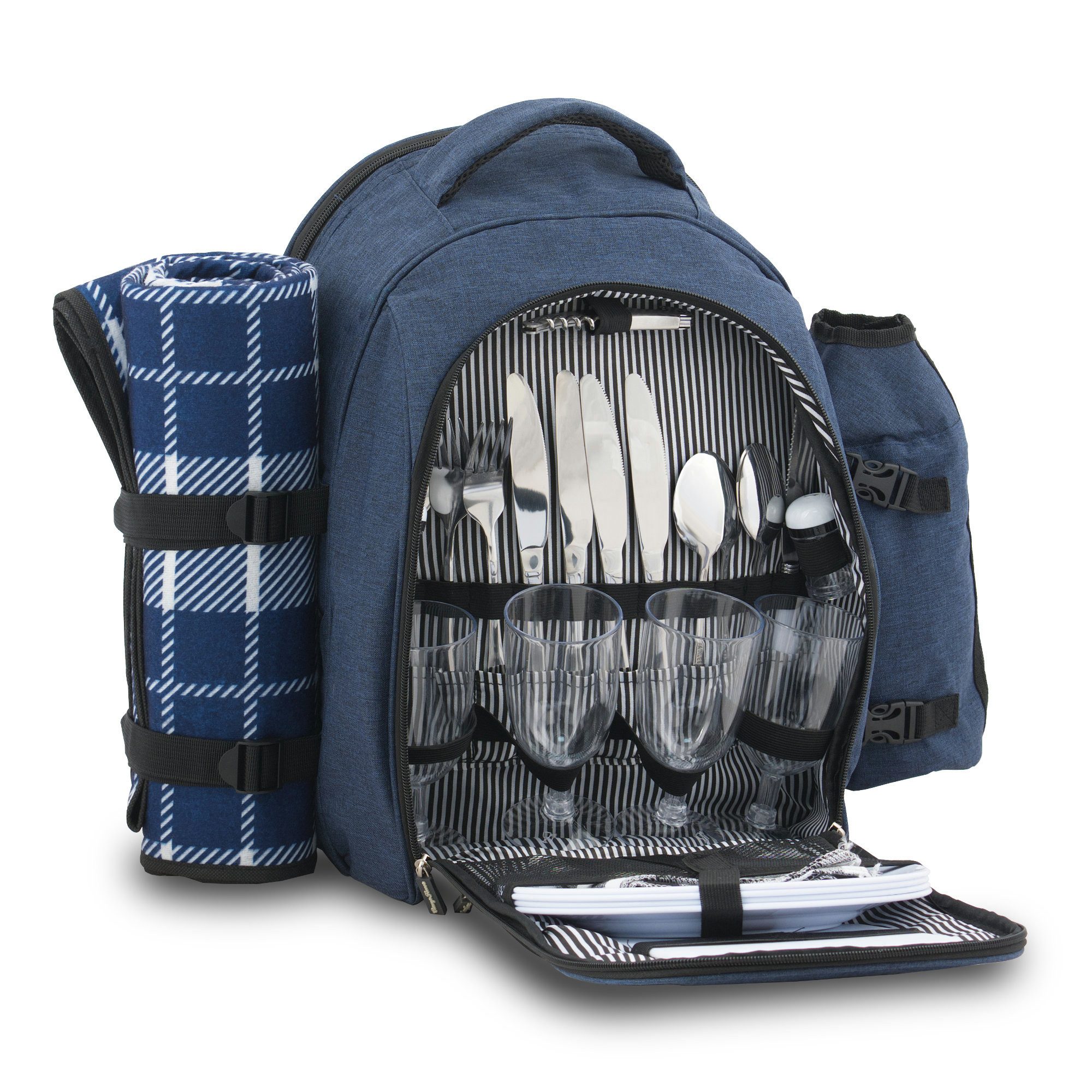 CampFeuer Freizeitrucksack Picknickrucksack 32-teilig, Picknickset für 4 Personen, blau (Set, Picknickrucksack 32-teilig)
