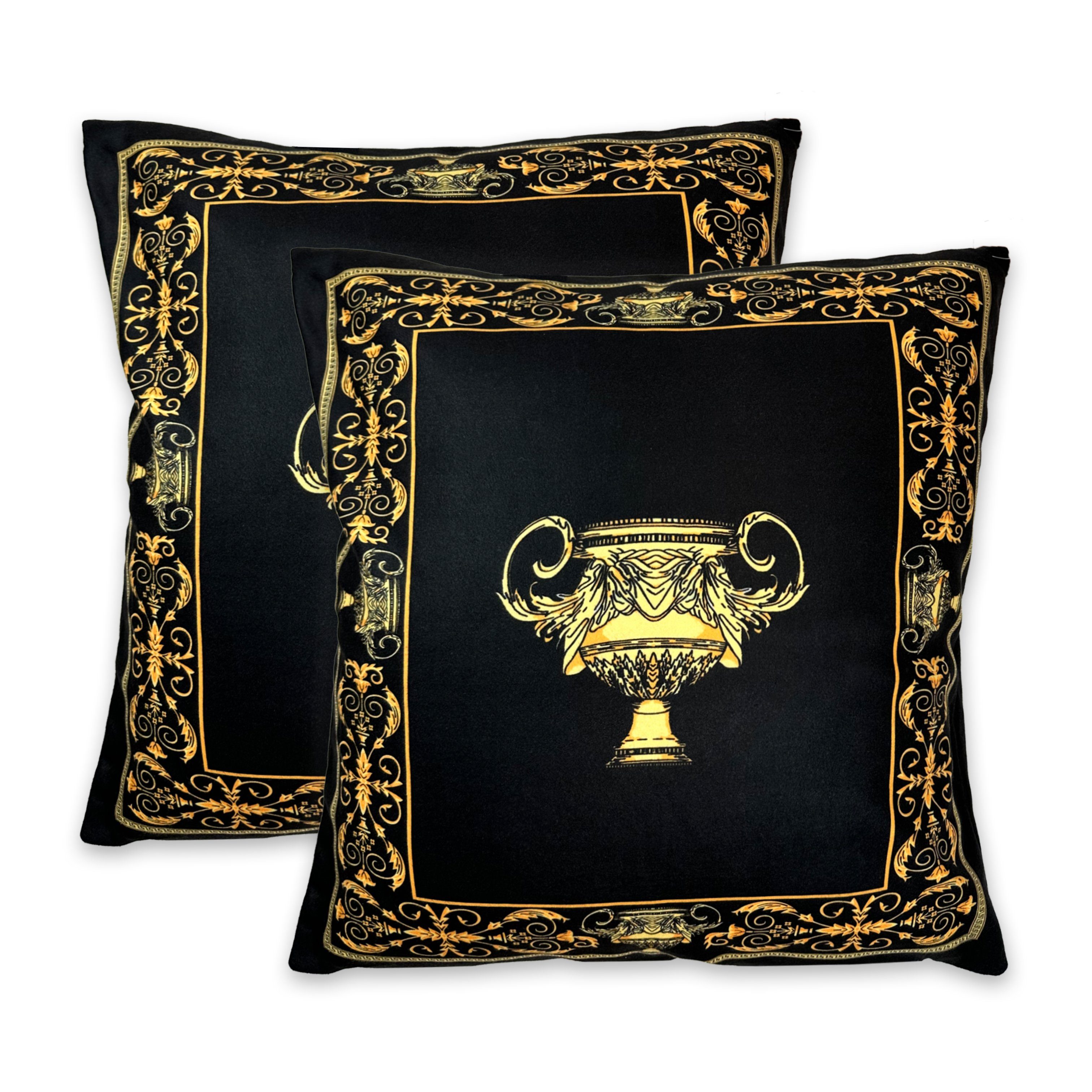 Belle Arti Dekokissen Dekorative Kissen Sofakissen Zierkissen Set Seidenoptik schwarz gold, mit Motiv Löwenkopf, Krone, Amphore, Kissenbezug, Füllung