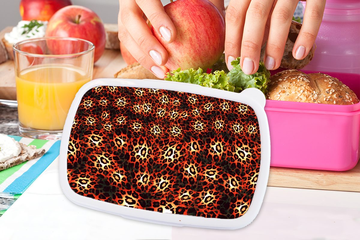 Brotbox Leopardenmuster - Lunchbox Kinder, MuchoWow Orange, Design Brotdose - rosa für Mädchen, Kunststoff Erwachsene, Kunststoff, Snackbox, (2-tlg),