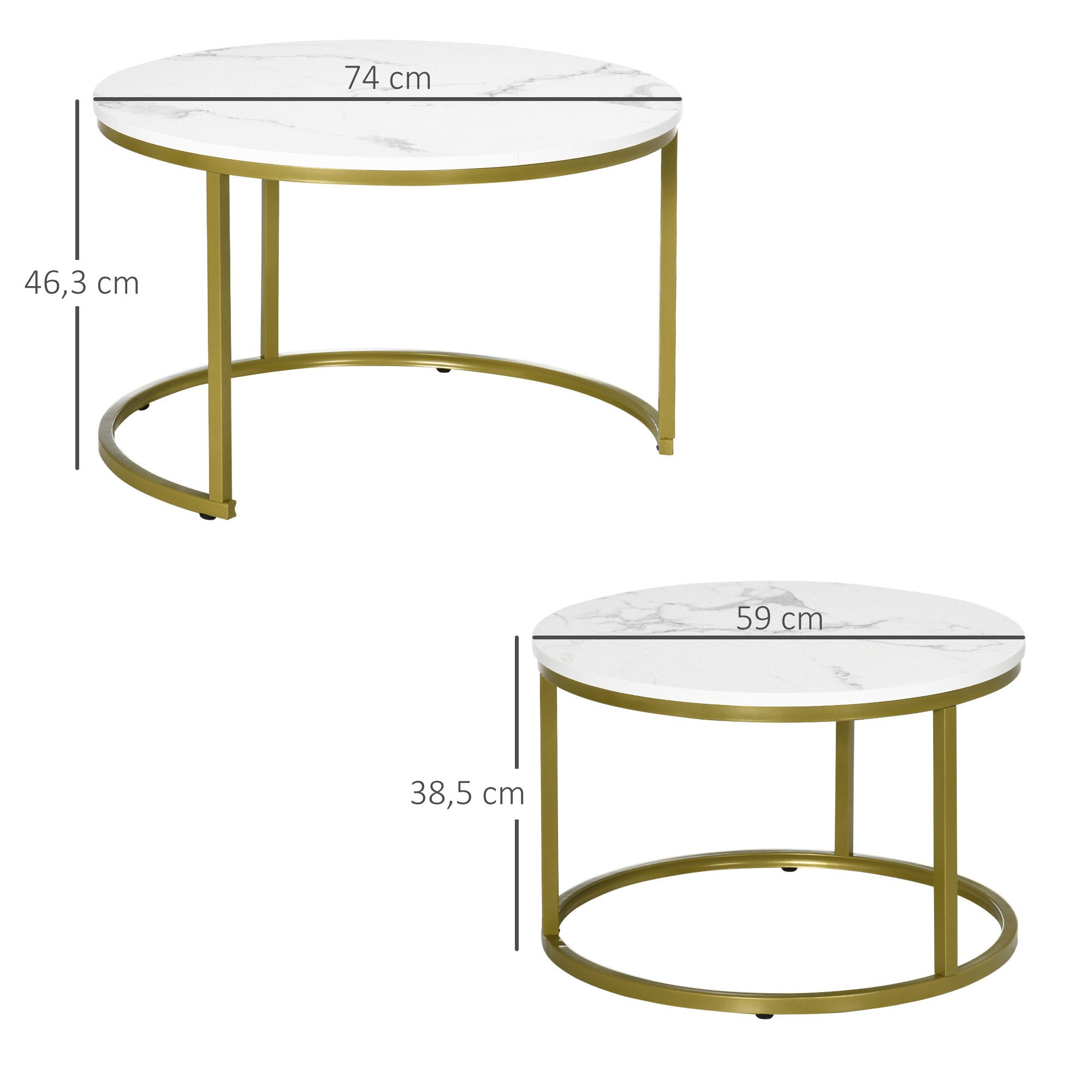 HOMCOM Couchtisch 2er-Set, Rund, mit Stahlgestell in Gold, Marmoroptik, stapelbar (Kaffeetisch, 2-St., Eckiger Beistelltisch), für Wohnzimmer, bis 30 kg belastbar, Weiß
