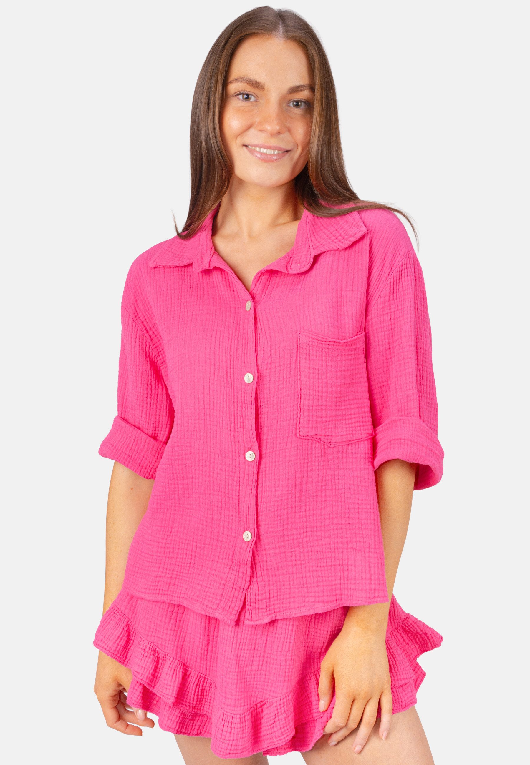 Seasons of April Hemdbluse CELINA MUSSELIN Kurze Damen Musselin Bluse mit Tasche, 100% Baumwolle, luftig locker