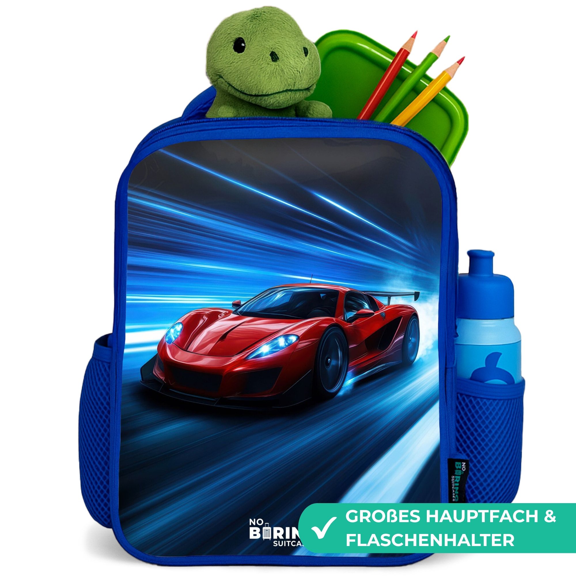 NoBoringSuitcases.com© Rucksack Blau - Roter Rennwagen in der digitalen Geschwindigkeitswelt, Kinderrucksack, Schulrucksack, Freizeitrucksack, Jungen, Kindergarten