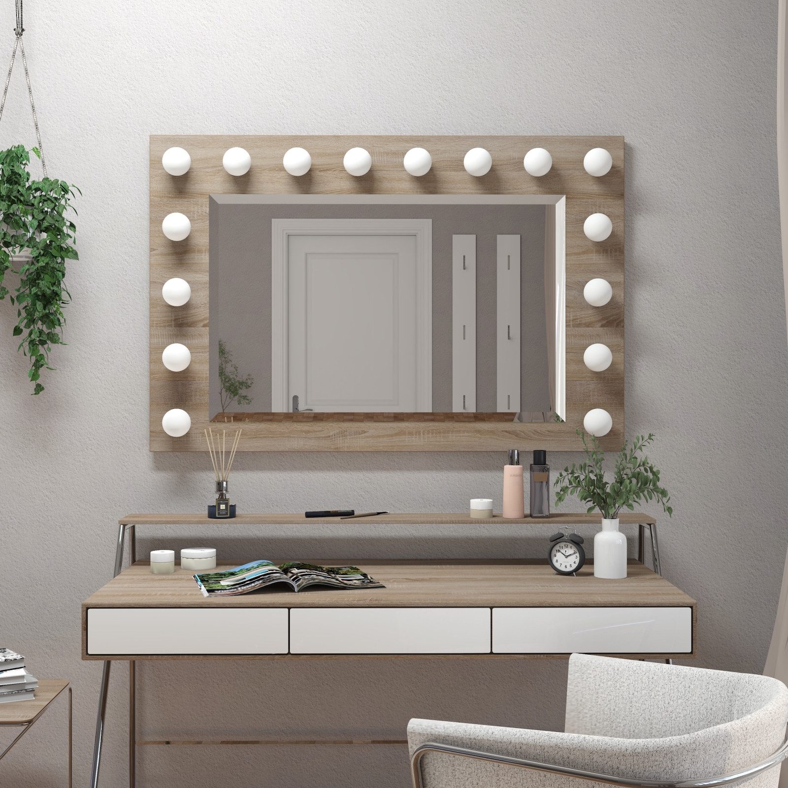 MySpiegel.de Wandspiegel Chim auf Holz LED II Theater Badspiegel - Hollywoodspiegel