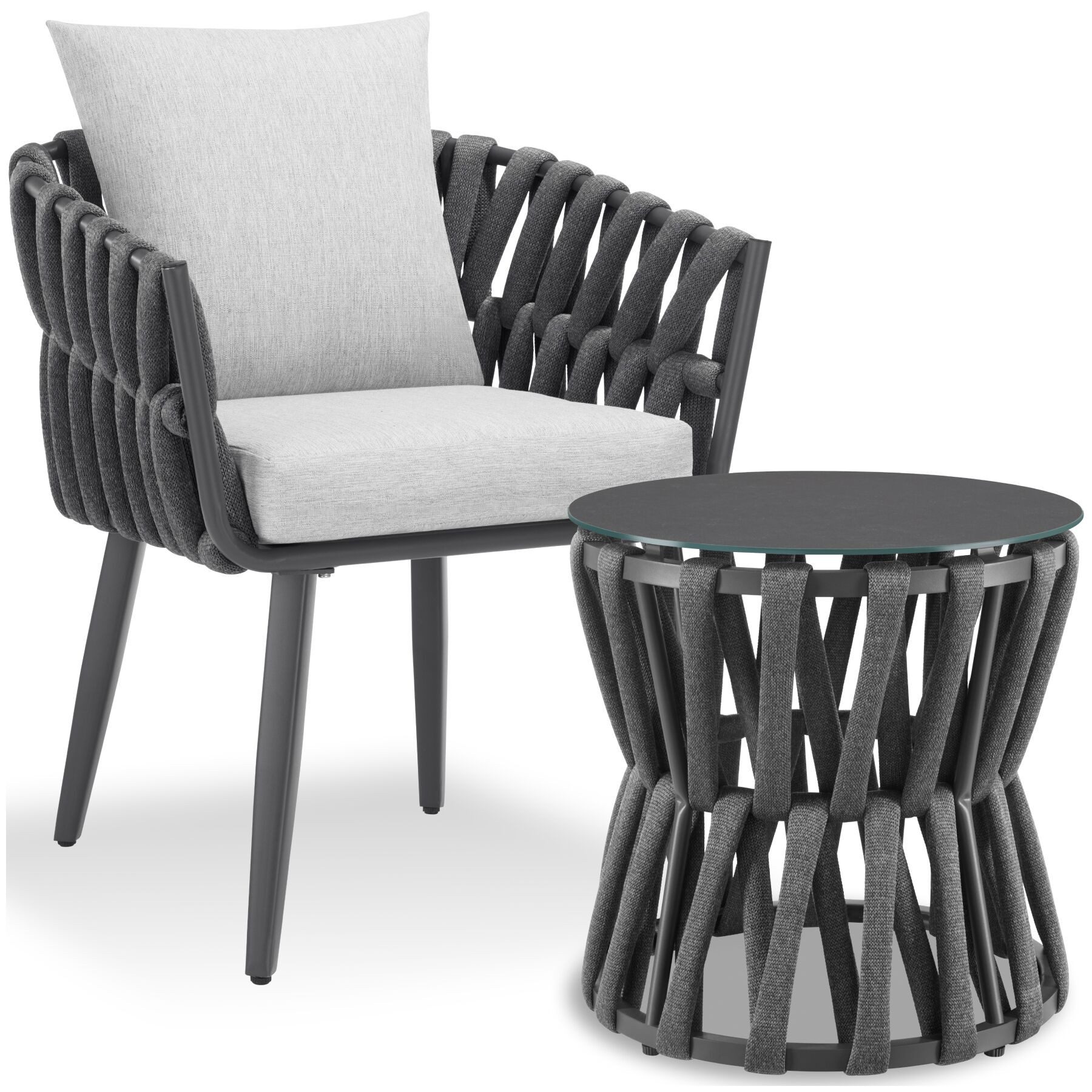 tectake Gartenlounge-Set Aluminium Sitzgruppe, höhenverstellbar, mit Sicherheitsglasplatte, (Set., 3-tlg., im Rope-Design in anthrazit/grau), Extra dickes Sitzpolster und komfortables Rückenkissen