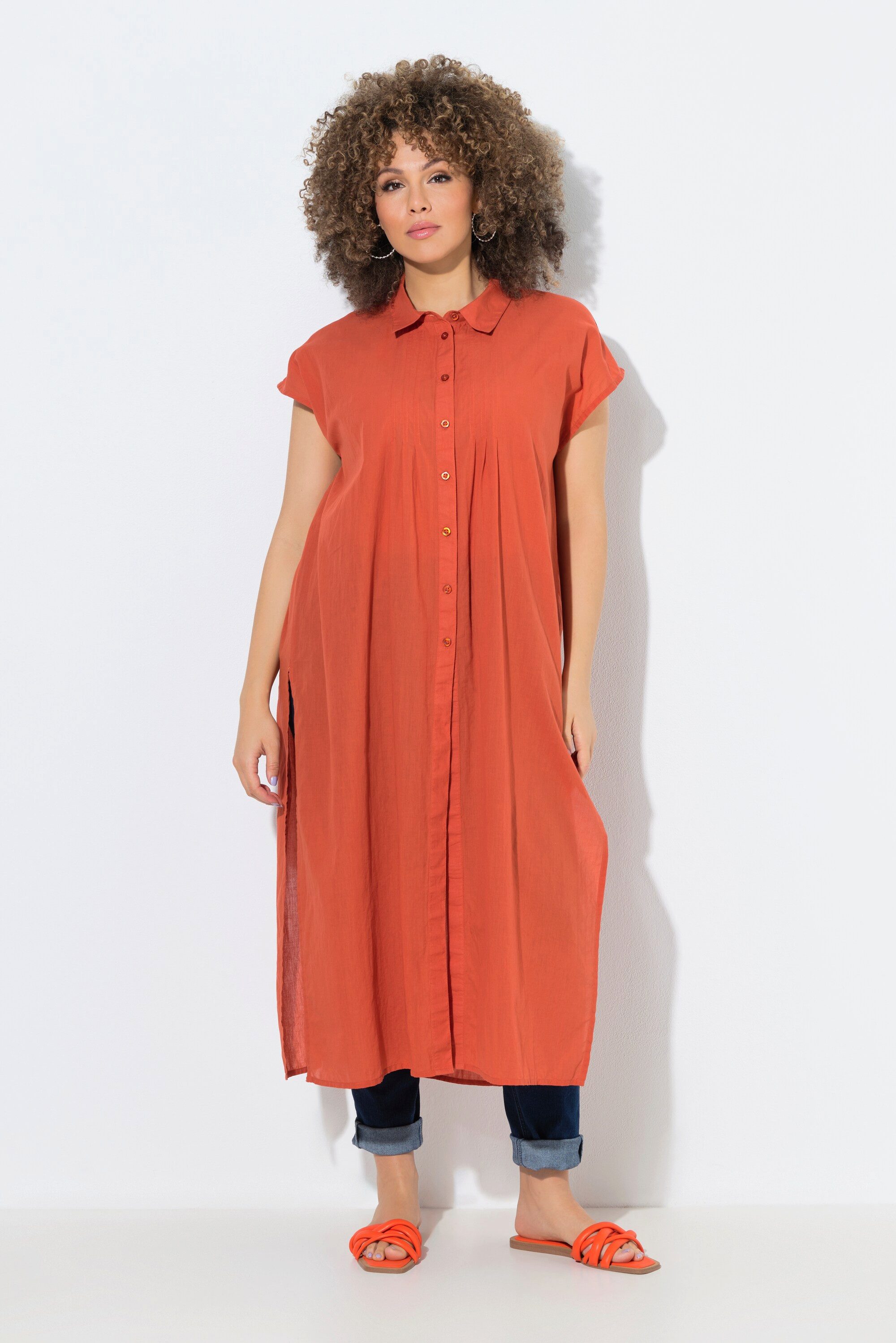 Ulla Popken Longbluse Longbluse Biesen A-Linie Hemdkragen Halbarm