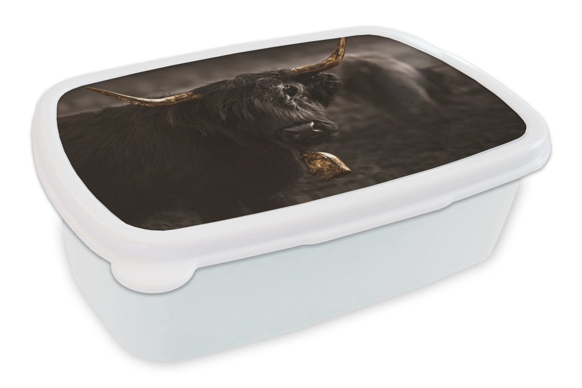 MuchoWow Lunchbox Scottish Highlander - Tier - Schwarz und weiß, Kunststoff, (2-tlg), Brotbox für Kinder und Erwachsene, Brotdose, für Jungs und Mädchen