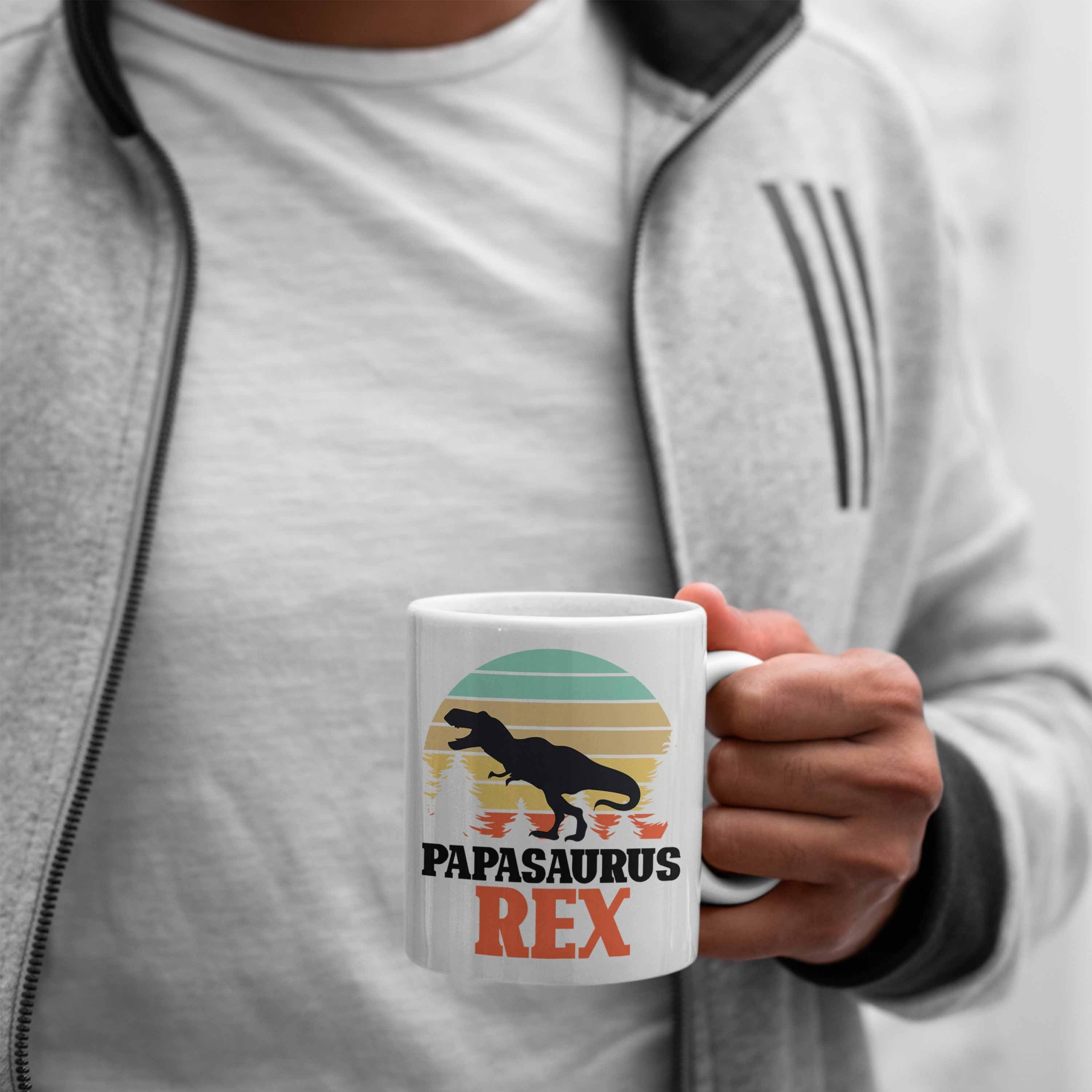 Trendation Tasse Papasaurus Rex Geschenk Vatertag für Papa Weiss Tasse Vater Lustiges Gesche