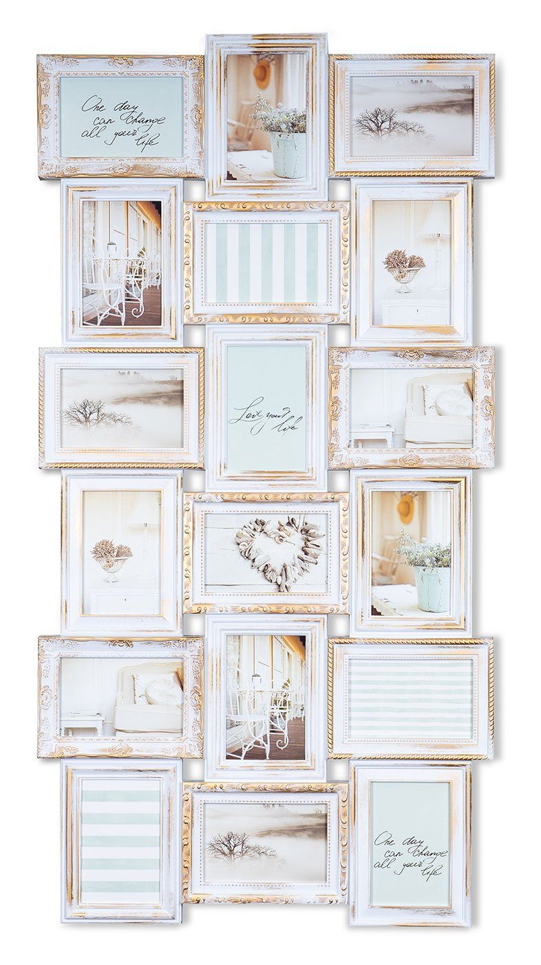 Levandeo® Bilderrahmen Collage, Bilderrahmen weiß gold gewischt 18 Fotos Ba günstig online kaufen
