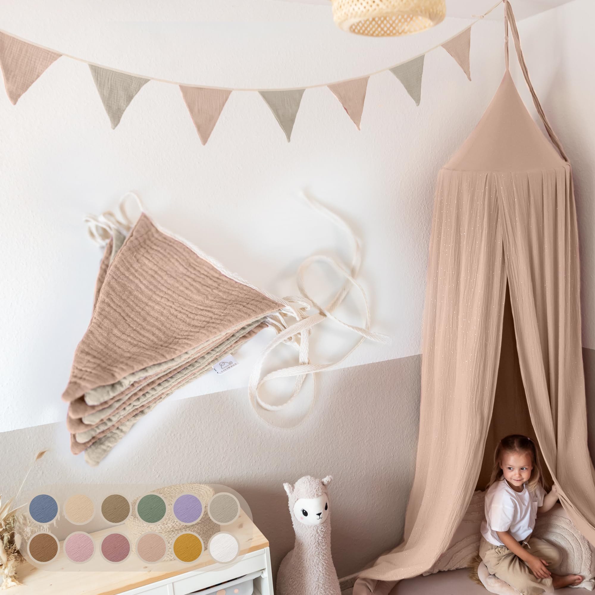 lilimaus Wimpelkette Handgemachte Wimpelkette für Kinderzimmer aus Musselin Baumwolle, Stilvolle Girlande aus Baumwolle - Perfekt für Kinderzimmer Deko