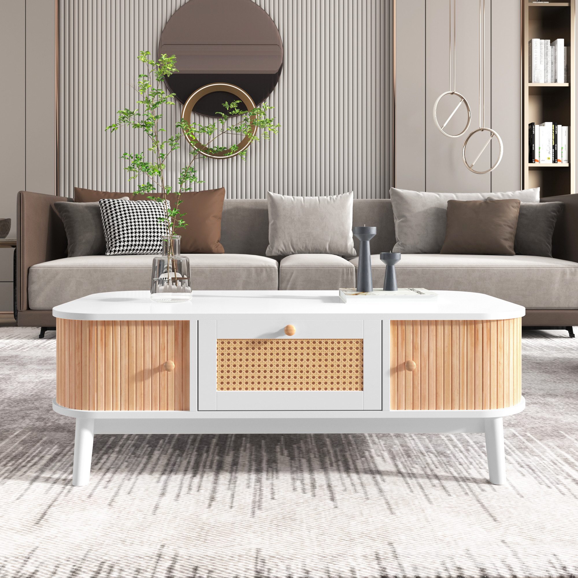 STILVORA Wohnzimmer-Set mit Schiebetüren,Wohnzimmertisch Sofatisch mit Rattan-Schubladen, (Rattan-Kaffeetisch, 1-St., Schubladen mit Rattan und Schiebetüren mit Massivholzlatten), Massivholzbeine, Natürlicher Landhausstil.