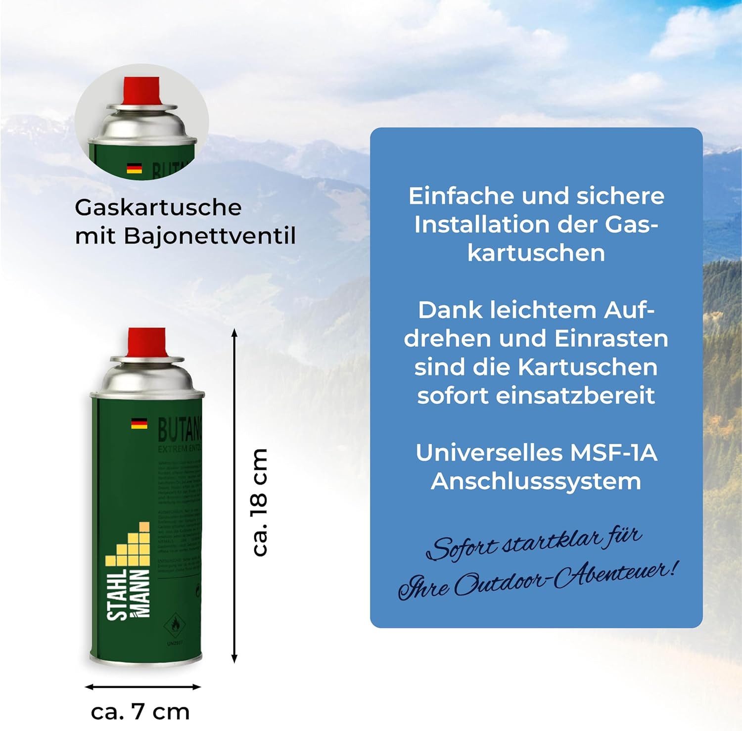 STAHLMANN COMMERCE GmbH Gaskartusche Gaskartuschen 28x 227 g [Made in EU] Butangas MSF-1a Ventil EN417, Zubehör für Gaskocher,Unkrautbrenner,Gasbrenner,Campingkocher, 28 St., 28 x 227 g · Made in EU · MSF-1a Ventil · EN417