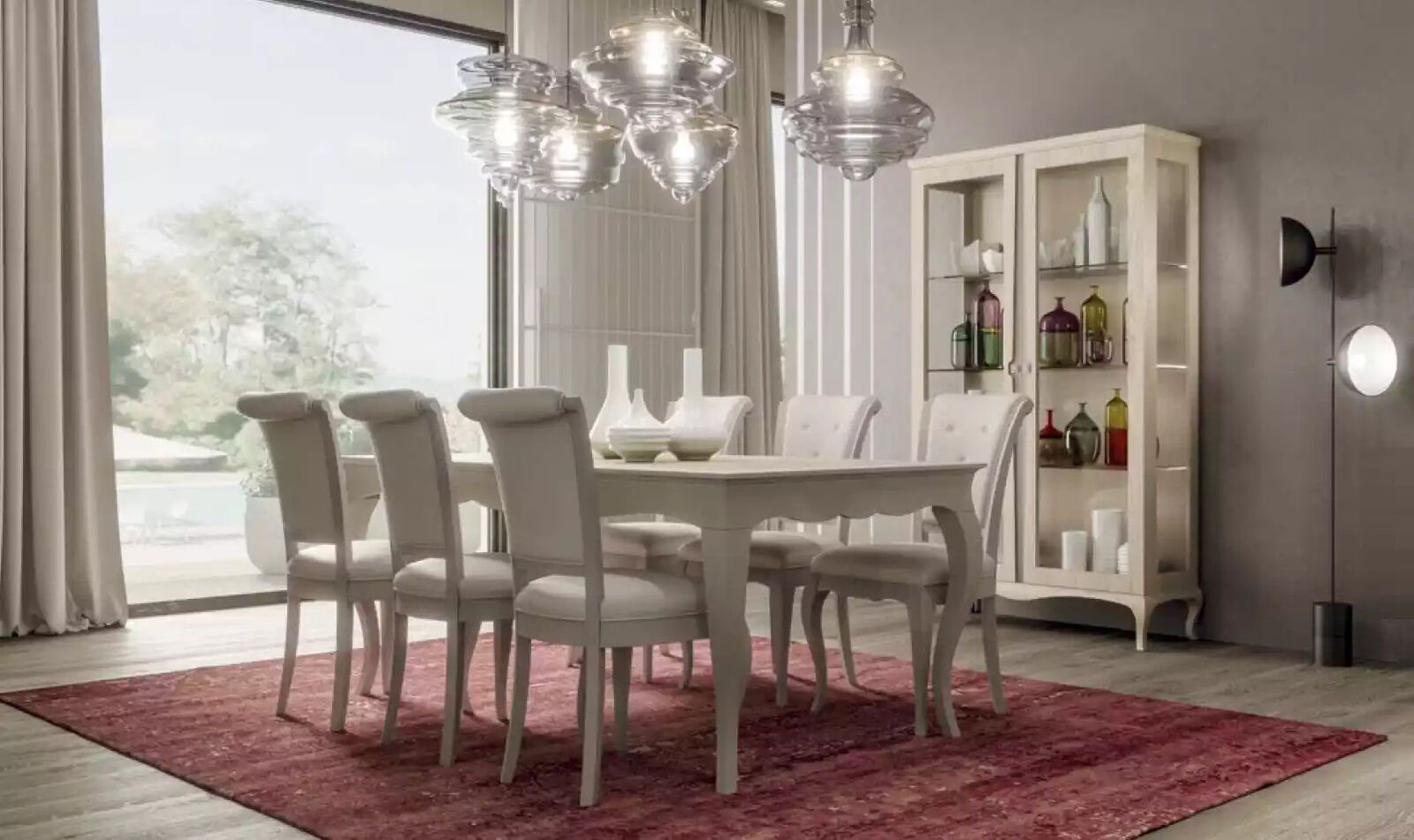 JVmoebel Esszimmer-Set Beige Esszimmer Set Esstisch 6x Stühle Vitrine 8tlg. Gruppe Garnitur, (8-St., Esstisch + 6x Stühle + Vitrine), Made in Italy