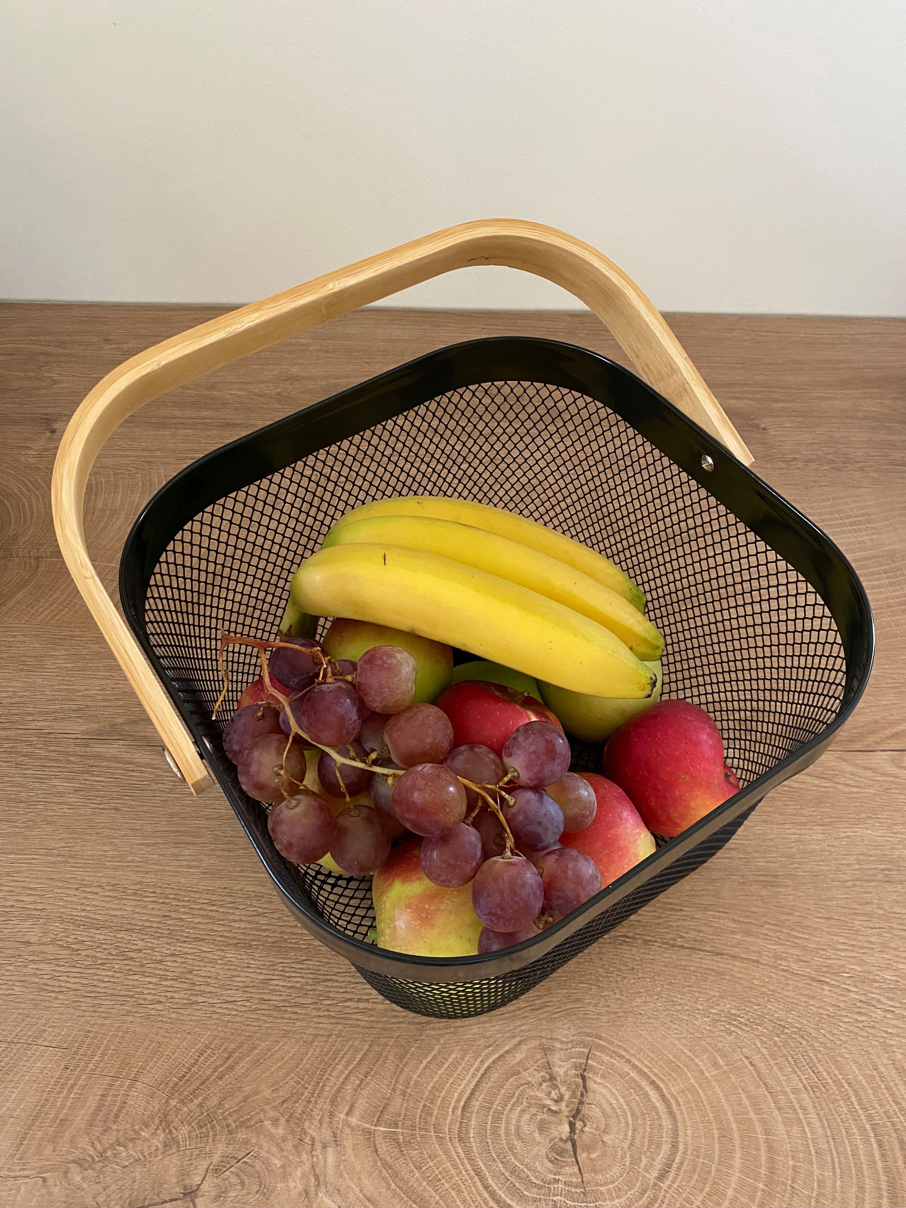 ADOB Obstschale Schwarz-Matt aus Metall, (ein Stück), beweglichen Henkel zum Tragen, kann weggeklappt werden.