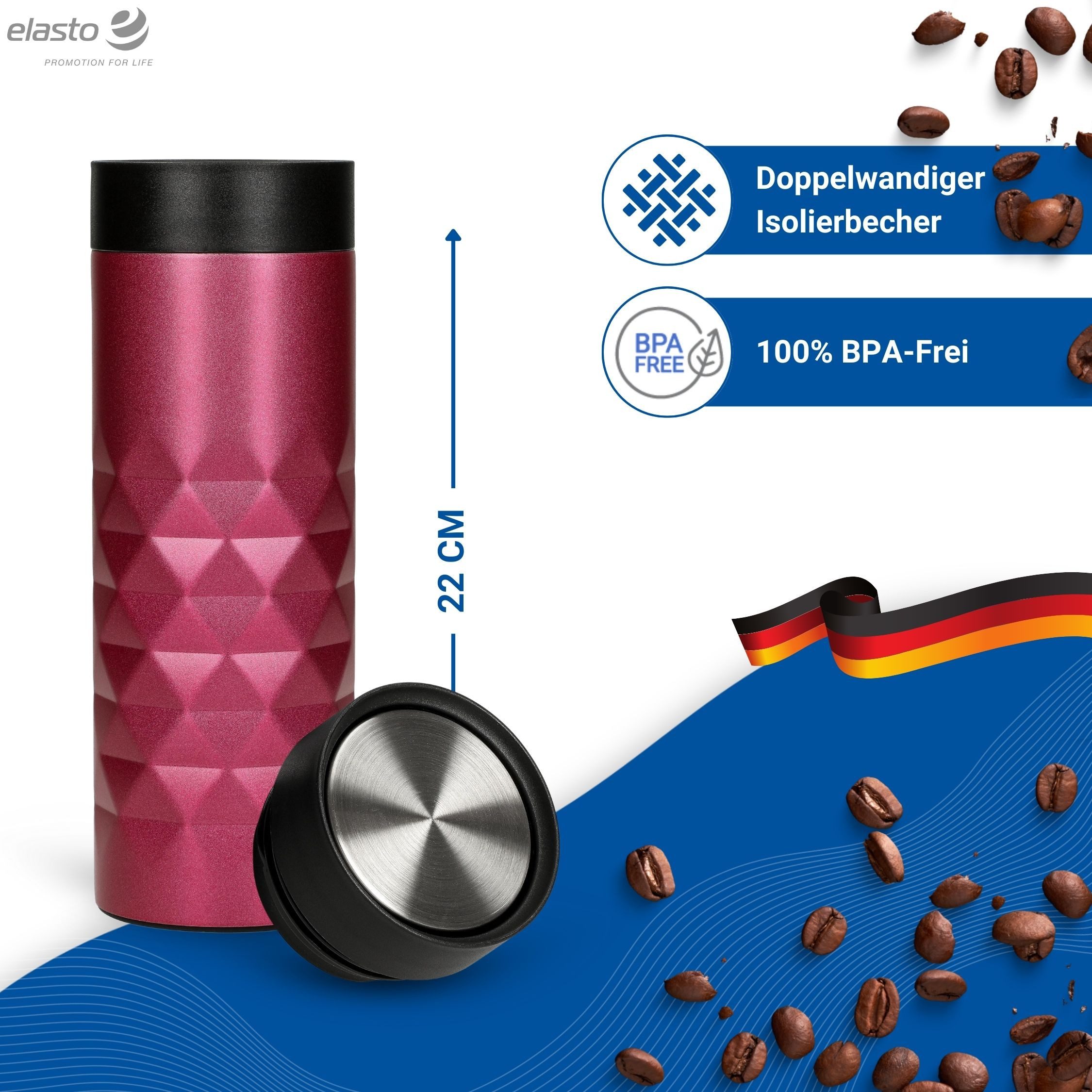 elasto Coffee-to-go-Becher Diamond 360 auslaufsicherer Thermobecher 450 ml, Kaffeebecher to go, Doppelwand, Leicht, Robust, 360 Grad Deckel