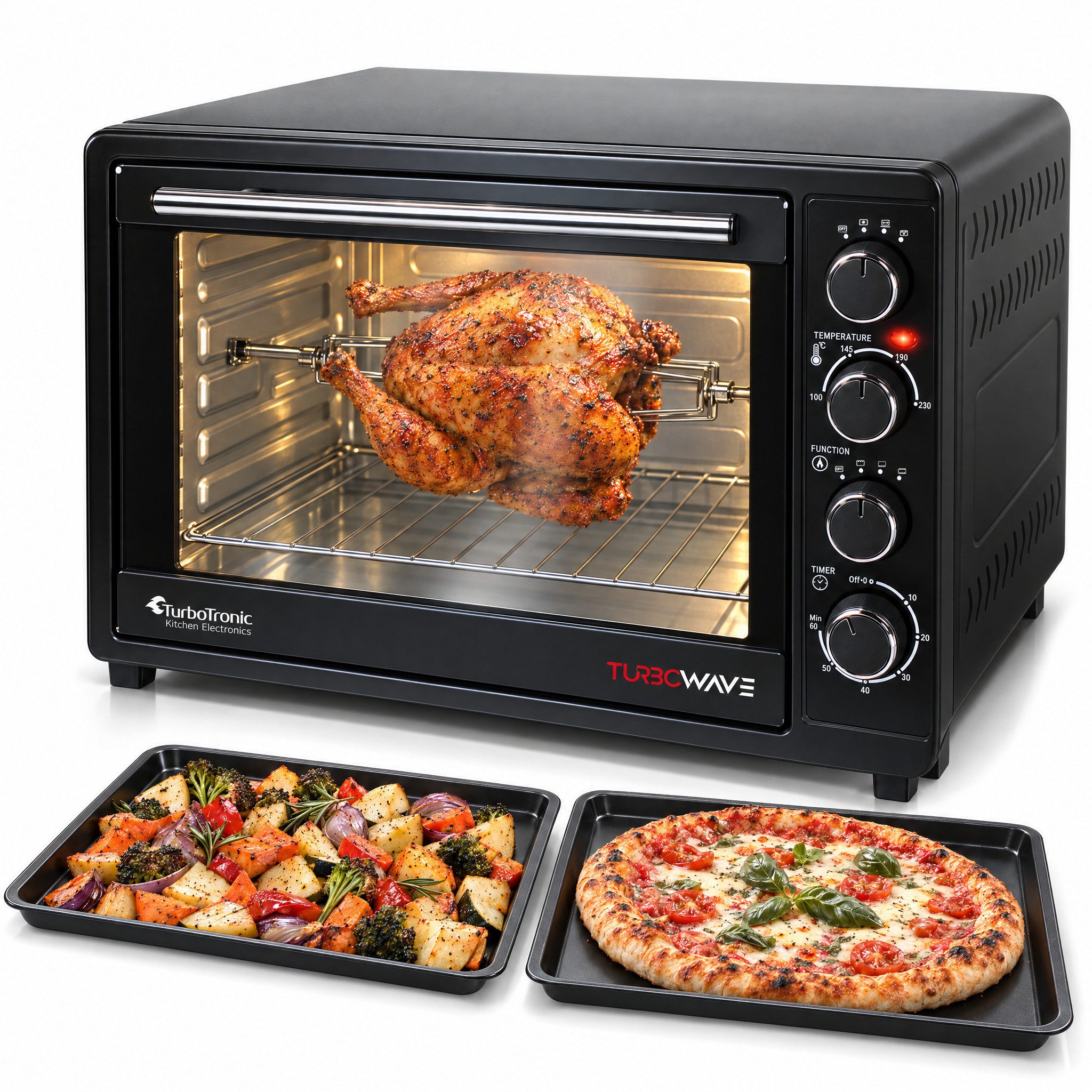 TurboTronic by Z-Line Minibackofen 2000 W 45 l Mini Backofen mit Umluft Drehspieß Grill Pizzaofen Timer, Tischbackofen, kleiner Backofen, Mini Ofen, freistehend, Grillofen XXL