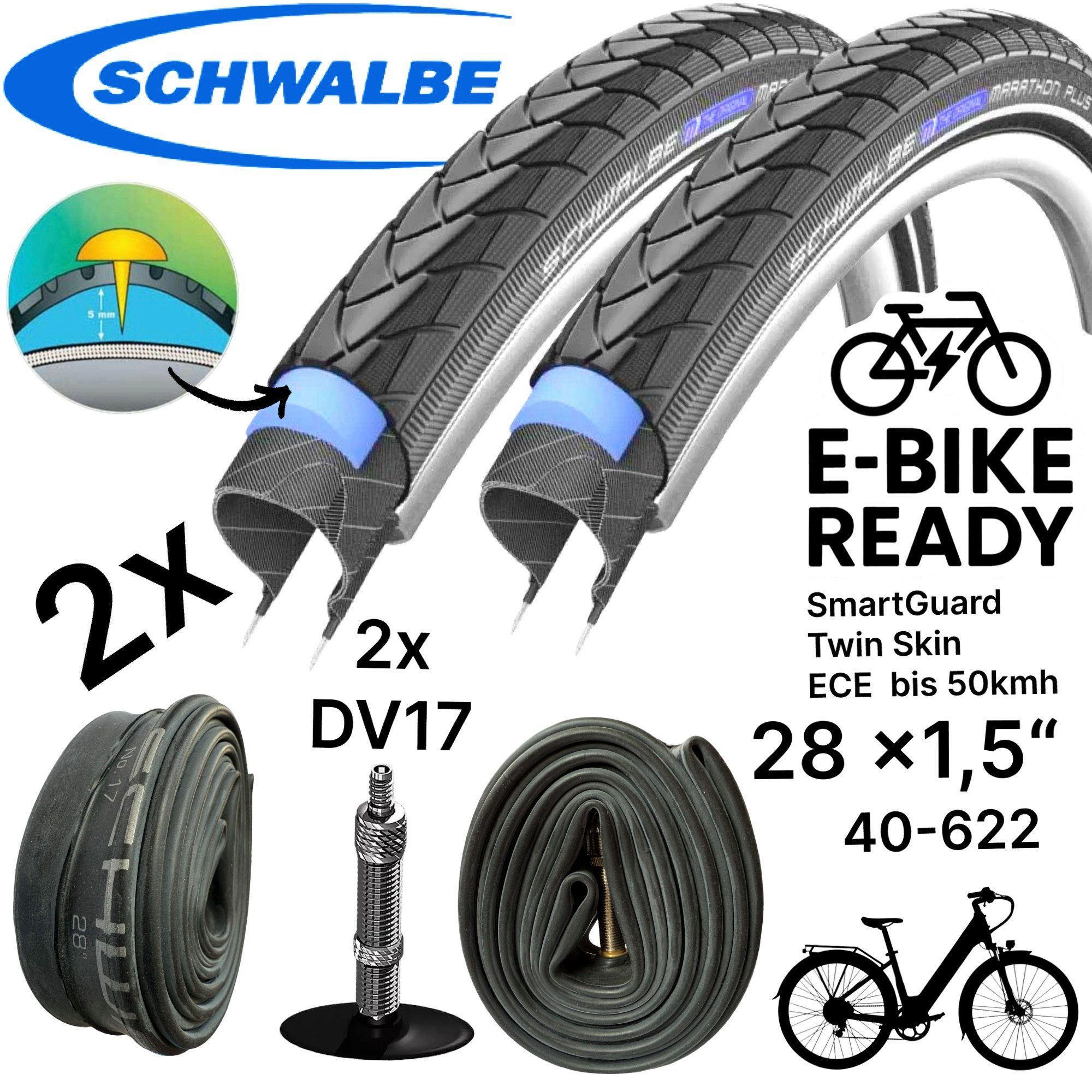 Schwalbe Fahrradschlauch 2x Schwalbe Marathon Plus 28" x 1,5" Reifen, Schläuche DV 17 Set