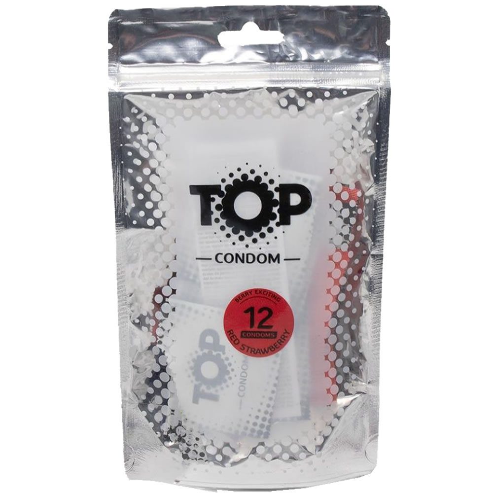 TOP Condoms Kondome Berry Exciting (Red Strawberry) Beutel mit, 12 St., aromatisierte Kondome, rote Kondome mit Erdbeergeschmack