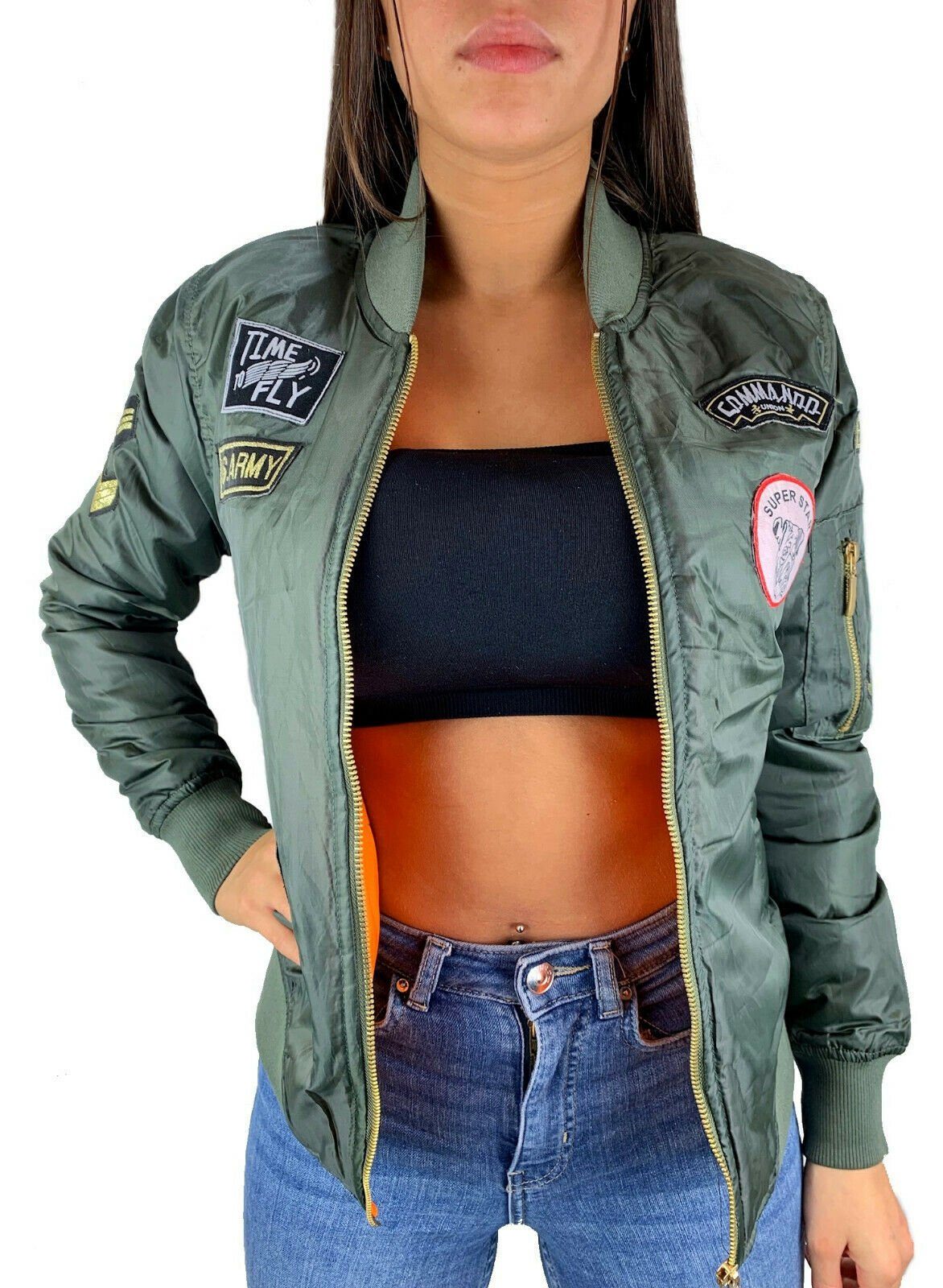 Worldclassca Bomberjacke Worldclassca Damen Bomberjacke mit Army Militär Dog Patches Übergangsjacke Bomberjacke Piloten Jacke Blouson Fliegerjacke Blogger Streetwear Neu