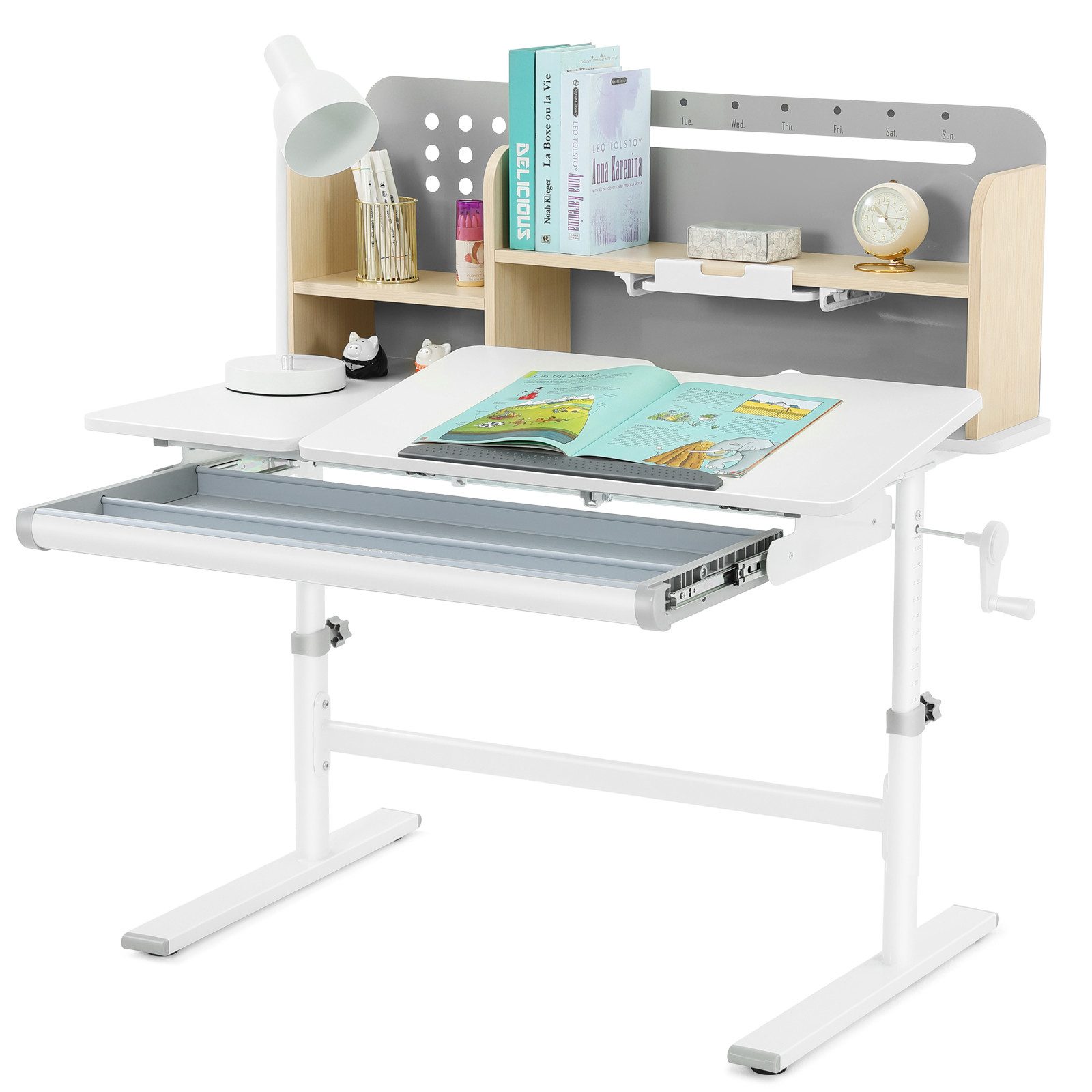 JOYLDIAS Kinderschreibtisch Höhenverstellbar Studiertisch für Kinder (1-St), mit Bücherregale Schubladen und Haken,100 x 60 x 55-75 cm