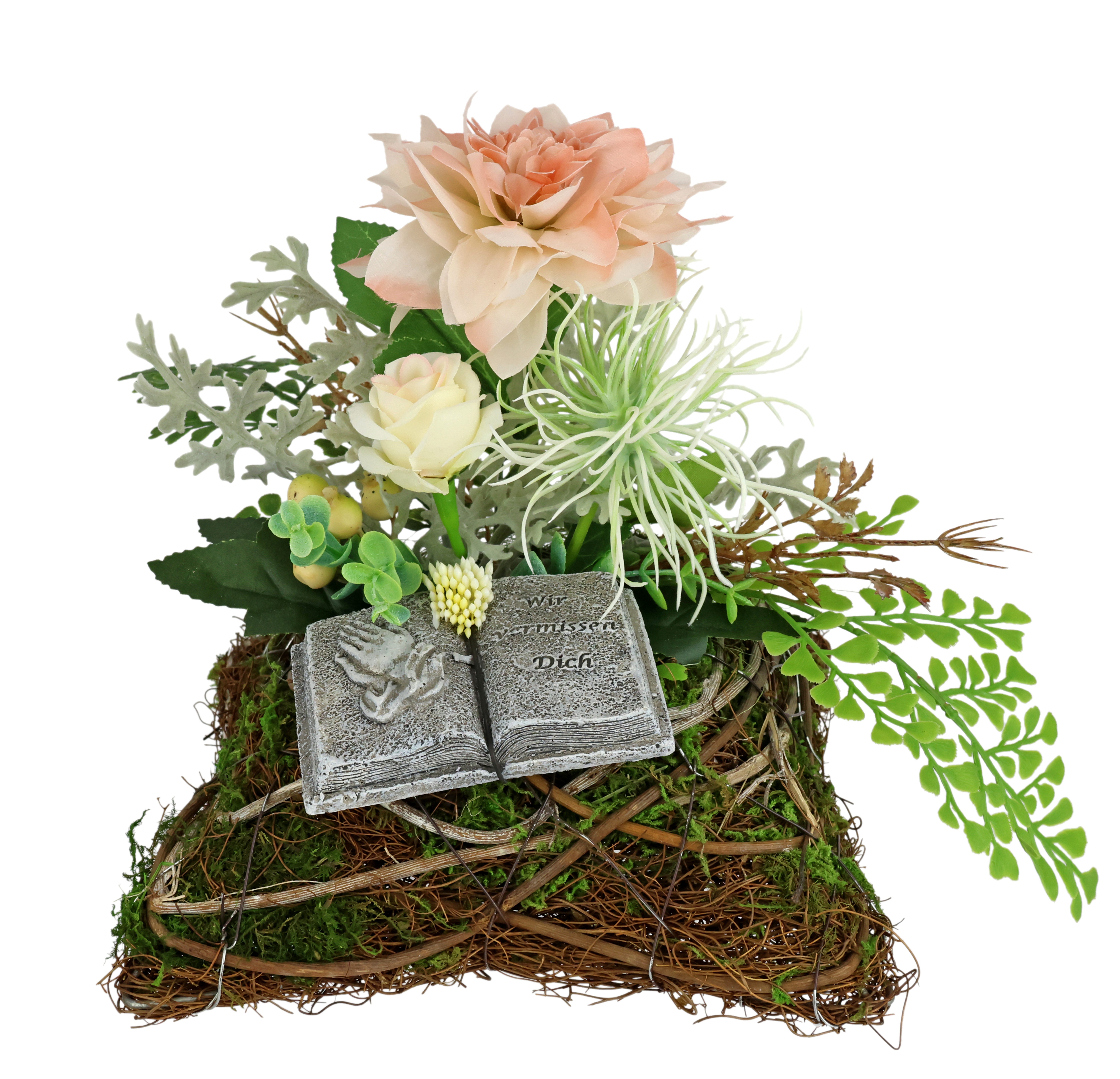 Kunstblume Kunstblumen-Gesteck mit Dahlie und Gedenkbuch auf Pflanzkissen, OTTO home, Höhe 19 cm, Florales Dekogesteck mit Buchmotiv und Kunstblumen