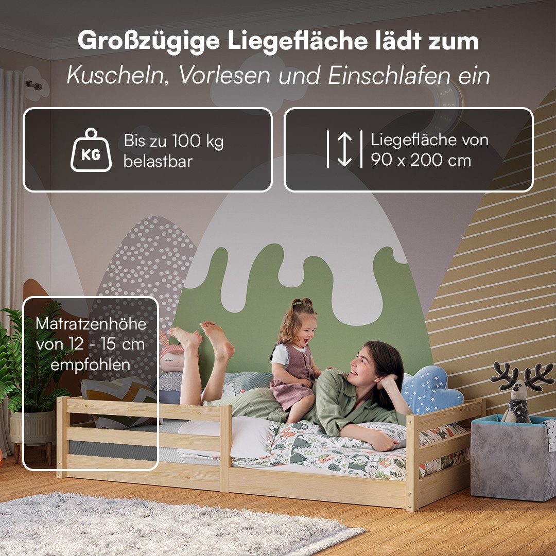 Bellabino Kinderbett Iskri mit Rausfallschutz und Lattenrost (natur, optional mit Matratze), Bodenbett verfügbar in 90/120/140x200 – Bild 5 von 5