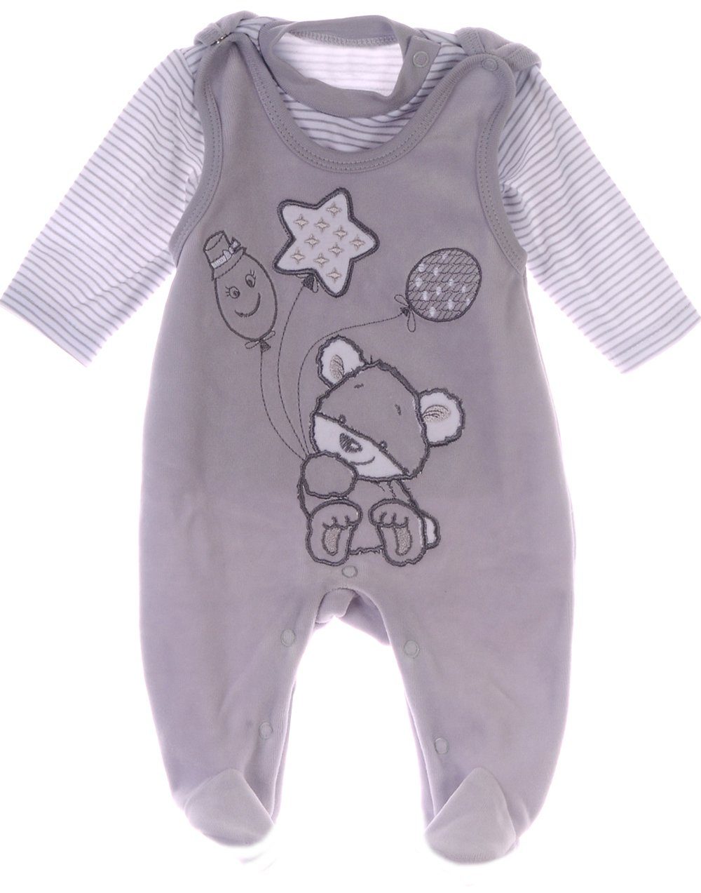 La Bortini Strampler Stramplerhose Shirt Set Baby Anzug in Grau mit Bärchen aus weichem Velours, 44 50 56 62 68