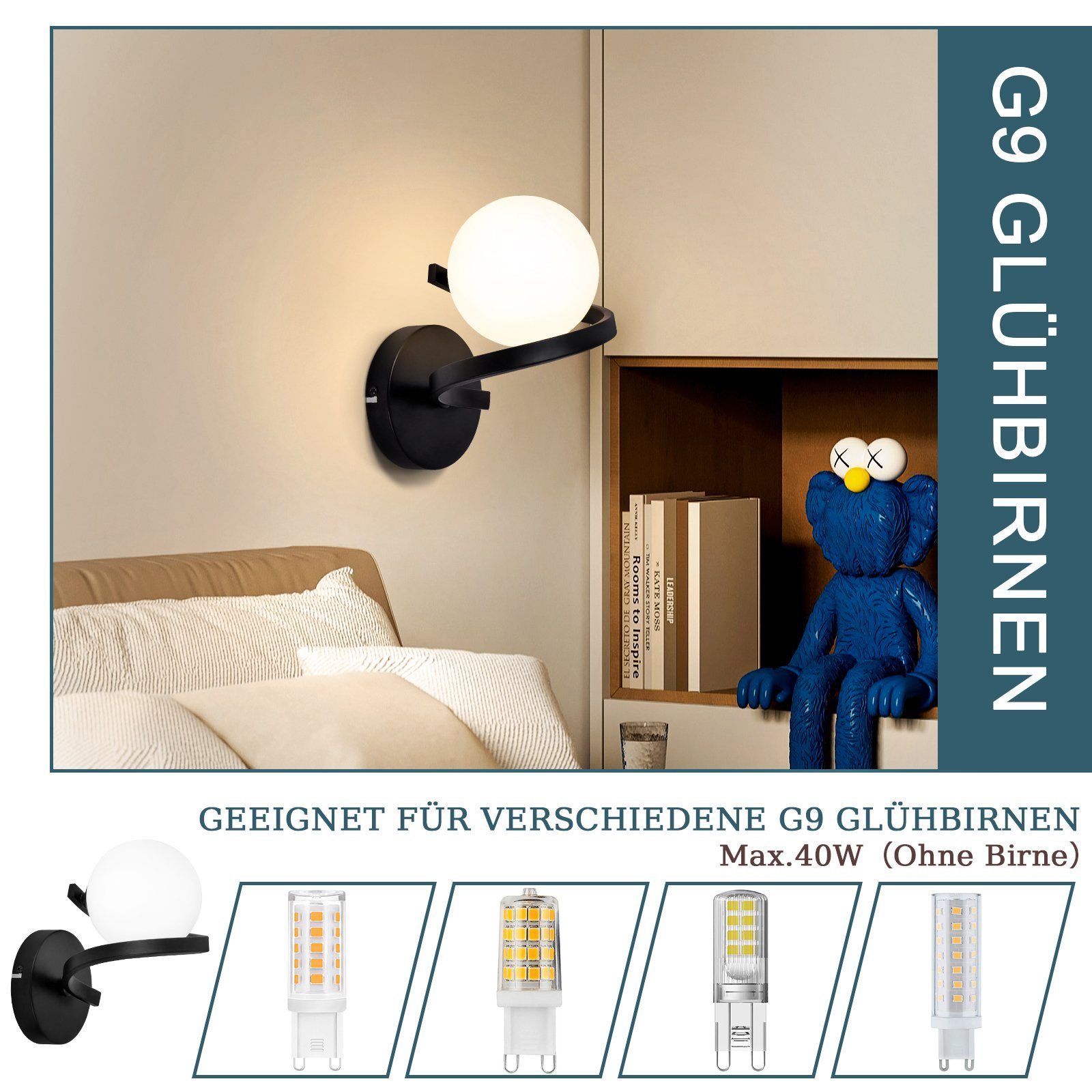 Nettlife Wandleuchte Wandlampe Metall G9 Glas Kugel Lampenschirm, aus Weiß Glas Kugel Lampenschirm, ohne Leuchtmittel, für Flur Wohnzimmer Treppenhaus Kinderzimmer