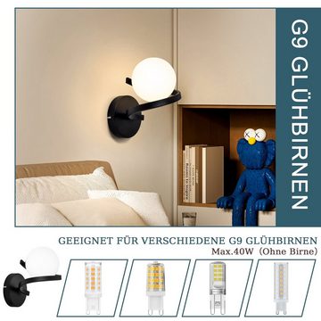 Nettlife Wandleuchte Schwarz 1 Flammig Innen Wandlampe Modern Metall Nachtlampe G9, aus Weiß Glas Kugel Lampenschirm, ohne Leuchtmittel, für Flur Wohnzimmer Treppenhaus Badezimmer Kinderzimmer