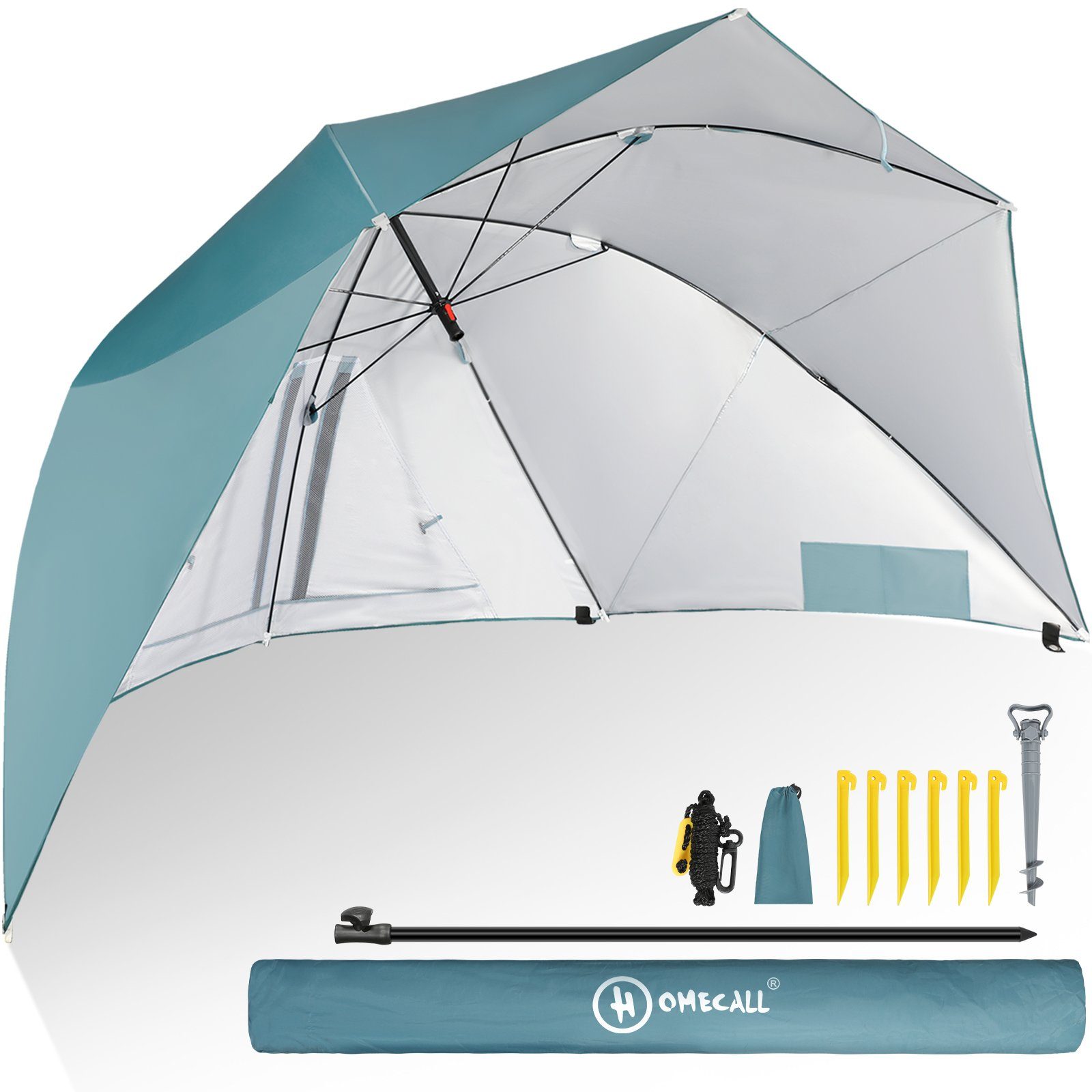 UV-resistentes für umbrella HOMECALL Khaki, zum 2-3 Strandschirm, mit 50+ Umfunktionieren Personen Sonnenschirm Blau system Strandmuschel