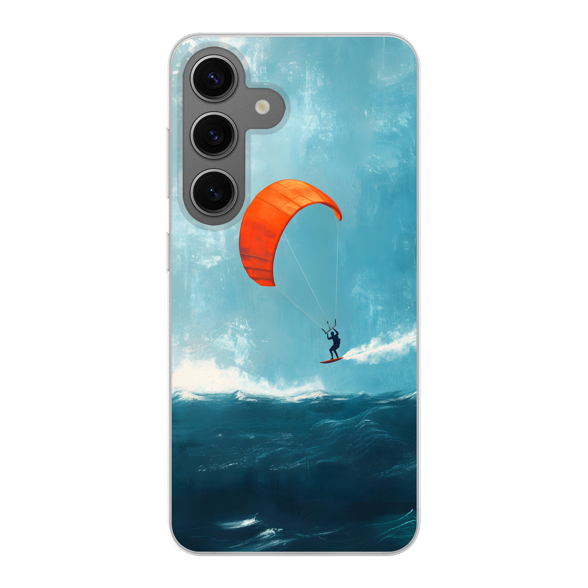 MuchoWow Handyhülle für Samsung Galaxy S24 Kitesurfer - Orange - Meer - Himmel, Phone Case, Silikon, Schutzhülle Dünn